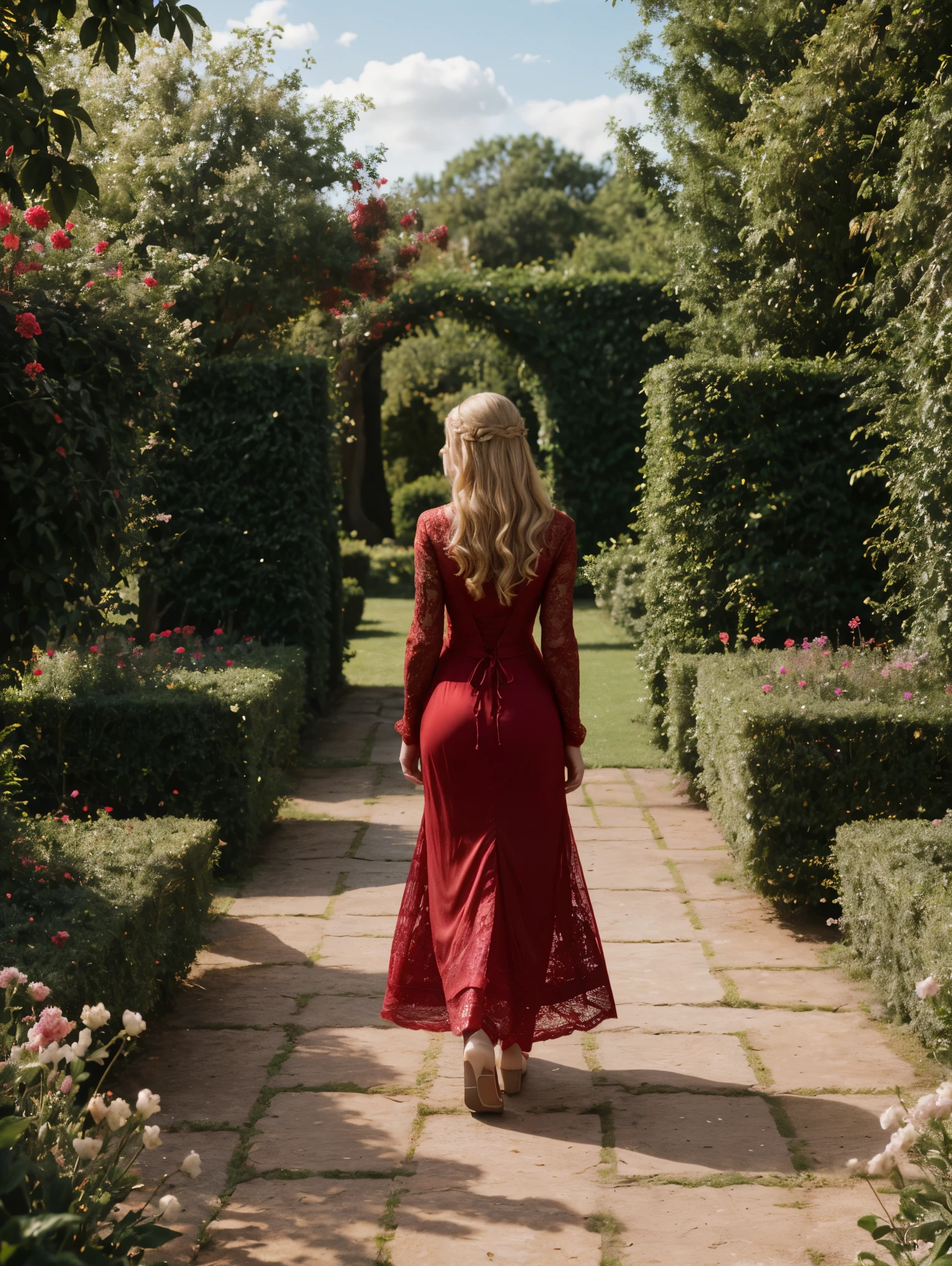 hyperrealistic portrait of a stunning beautiful blonde woman, in a red
Renaissance lace dress, from the back,
walking in a beautiful garden, Canon R5,
200mm lens, sharp focus, and shot in RAW format, the photograph
showcases an intricate, photorealistic, and highly detailed
face in 8k HDR quality