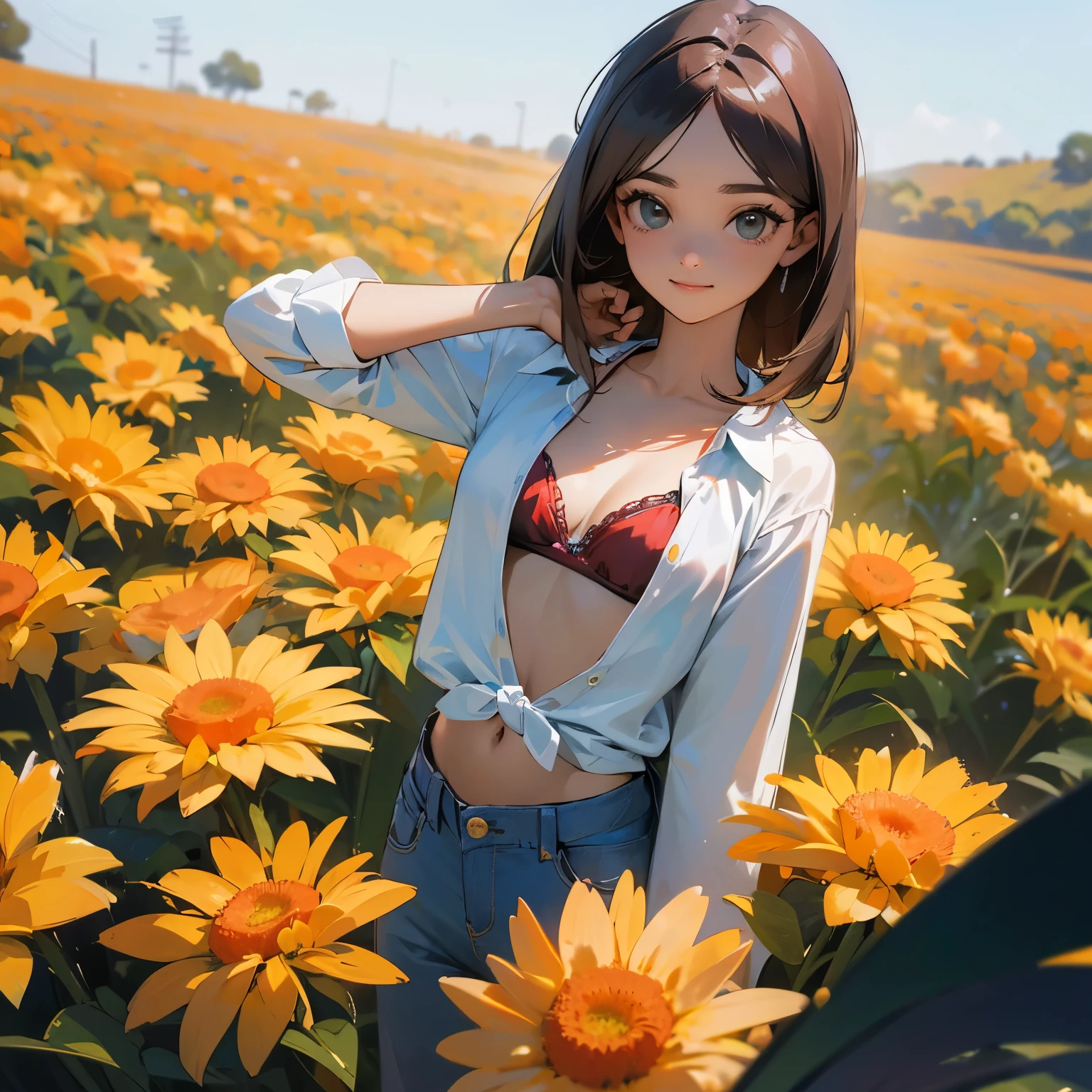 (melhor qualidade:1.2, realista, ultra-detalhado), jovem linda mulher, levantando a saia e revelando a calcinha, vestindo uma mini-saia, Vestindo uma saia curta, retrato sedutor, Open shirt showing the bra
