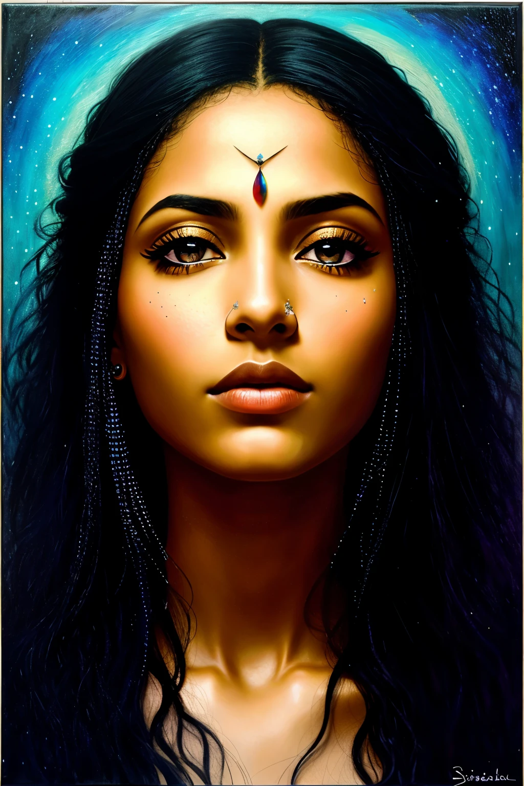 (Melancholic masterpiece),
A black woman, floating inside a somber square cage, crafted from sinister black metal bars, delicately captured in an enchanting oil painting on a massive canvas. Her majestic visage is richly textured, with profound wrinkles and intricate facial features.
The sumptuous color palette exudes a melancholic mood, drenched in hues that resonate with depth and emotion. The woman's mesmerizing glittering eyes hold an eloquent gaze, whispering tales of resilience and survival.
The artwork surpasses perfection, with the proportions of the image meticulously filled to enhance