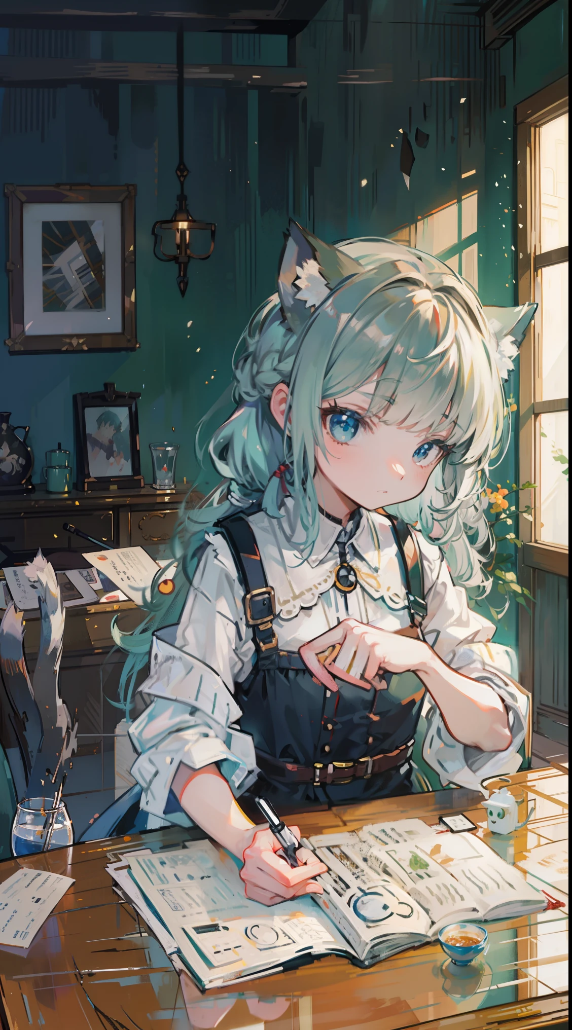 (Tabletop, highest quality: 1.1), Ghibli style, alone, , Weibo, Tinker's Wife (Tabletop), highest quality, Expressive eyes, Perfect Face, Small breasts, thin, ((Wearing a dress and playing the piano)),transparentガラスボトル本体, Glass Girl, transparent, Wavy green hair, Pink and blue eyes, Green leaves of hair, Eyes like shining jewels, Long eyelashes, transparent性, ((Wearing a dress and playing the piano)), (Red Jewel Autumn Costume)), whole body, Standing Pose Reaching Out, thin脚, Perfect hands, Five Fingers, Yun News (Hmph), no_human, (((Cat ear))), Forest land