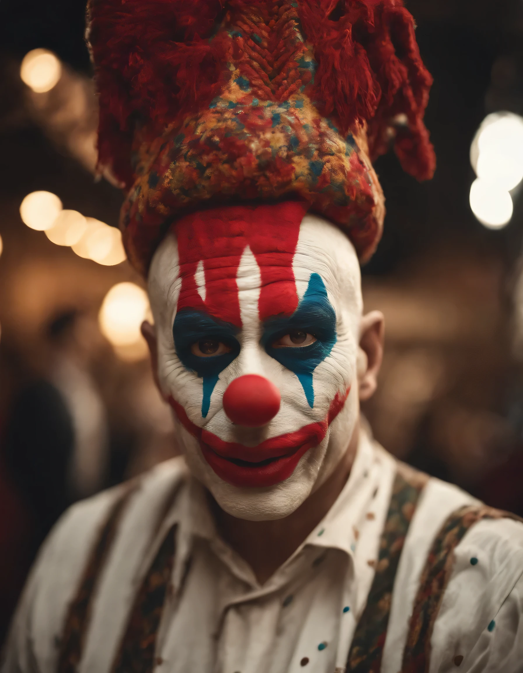 Clean background, (white face clown), wearing colorful knitted texture hat, intricate detail hat, ((full body shot)), (realistic style), (face thickly painted white)), red mouth, nose wearing red sponge ball, movie grade light effect, funny action, happy clown, looking at the audience, white gloves, colored magic wand in hand, clown character costume, Red plush shoes with big head, highest quality, master art, masterpiece, (with high artistic viewing), 4K picture quality,