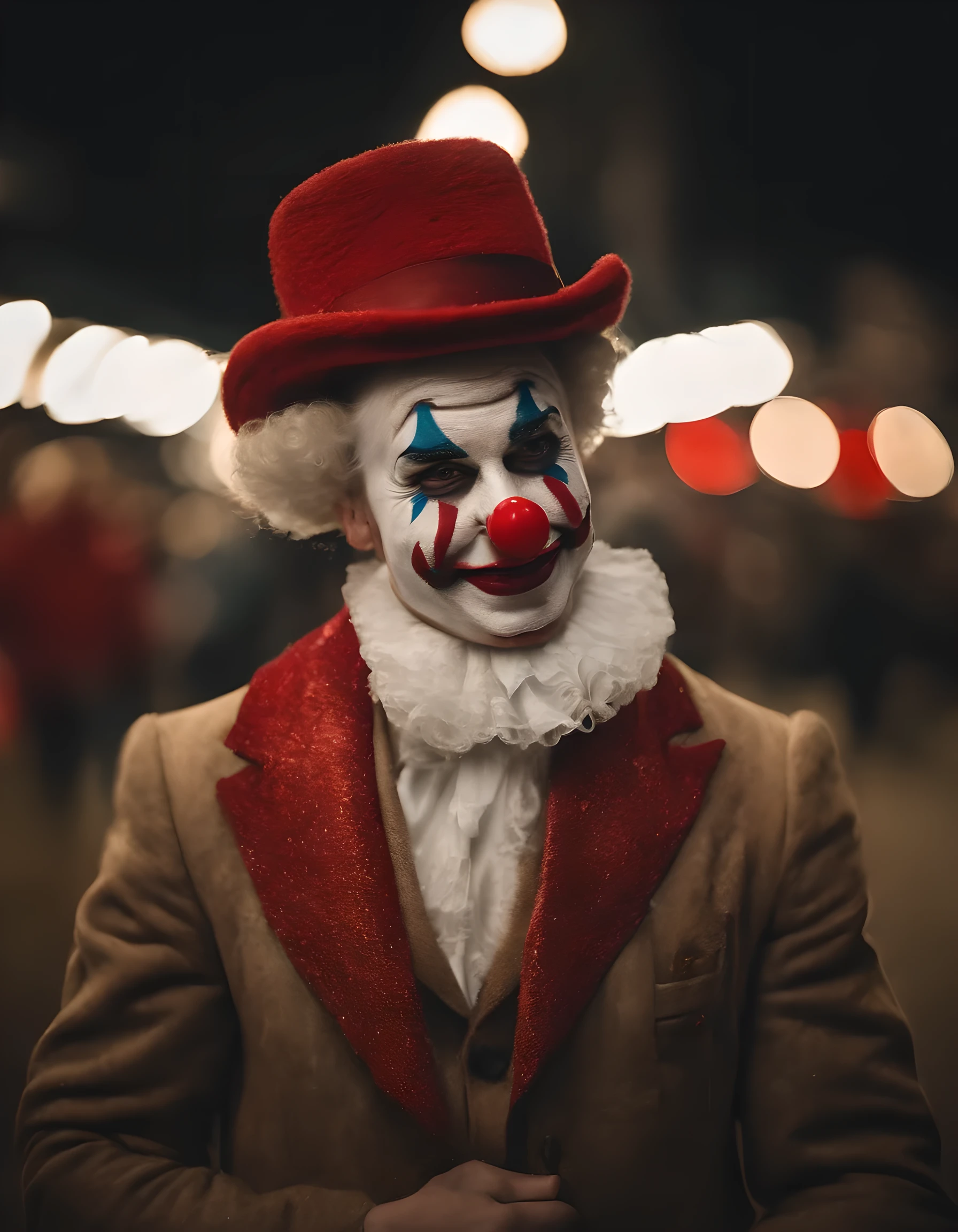 Clean background, (white face clown), wearing colorful knitted texture hat, intricate detail hat, ((full body shot)), (realistic style), (face thickly painted white)), red mouth, nose wearing red sponge ball, movie grade light effect, funny action, happy clown, looking at the audience, white gloves, colored magic wand in hand, clown character costume, Red plush shoes with big head, highest quality, master art, masterpiece, (with high artistic viewing), 4K picture quality,