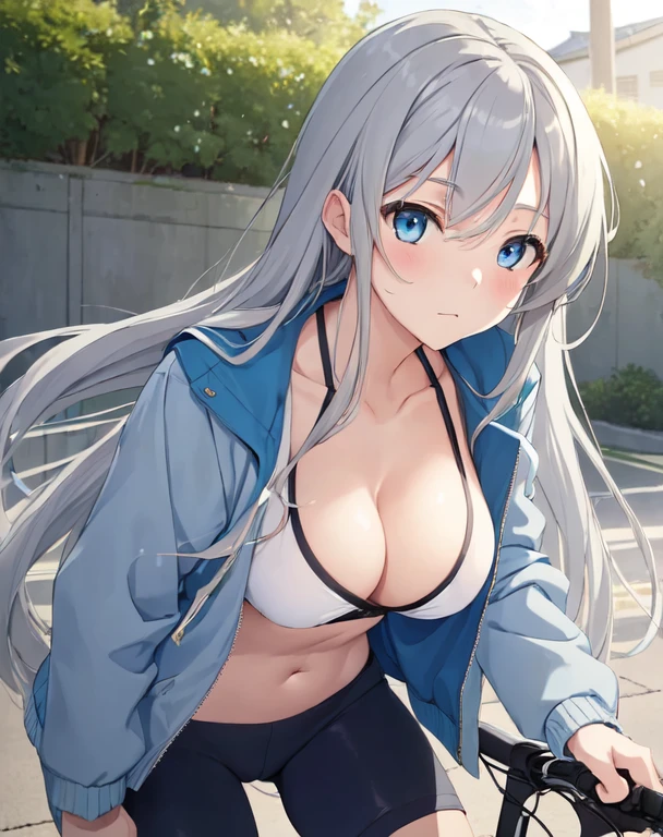 (((masterpiece))), ShizukaMikazuki, One Girl, alone, View your audience, Long Hair, Gray Hair, Long sleeve, Cleavage, Large Breasts, Close your mouth, clavicle, Jacket, Open clothes, open Jacket, blue Jacket, Ground vehicles, Play sports often, bicycle,blue eyes