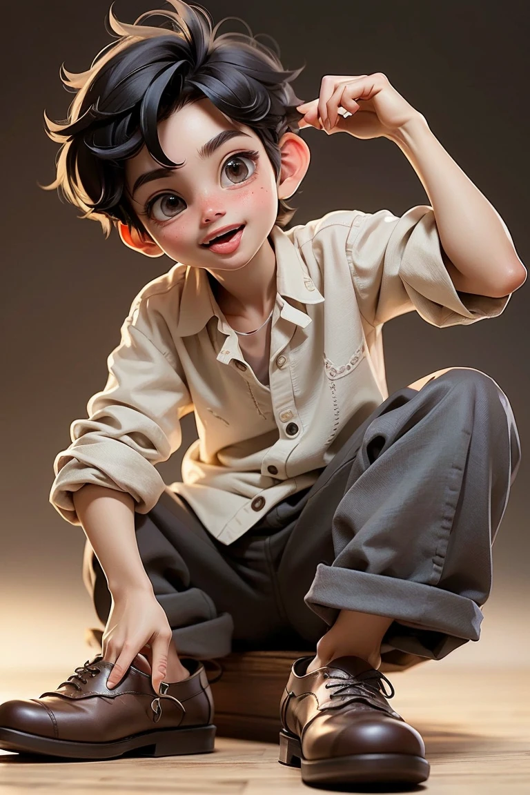 (masterpiece, best quality), 1 Boy, Short black messy hair, Small Breasts, Light-colored cotton and linen shirt. Long loose casual tapered trousers in linen fabric, only, Lying on the floor,Rise ass,Open your mouth, Sticking out tongue,Staring proudly at the camera,Casual calfskin shoes,whole body.