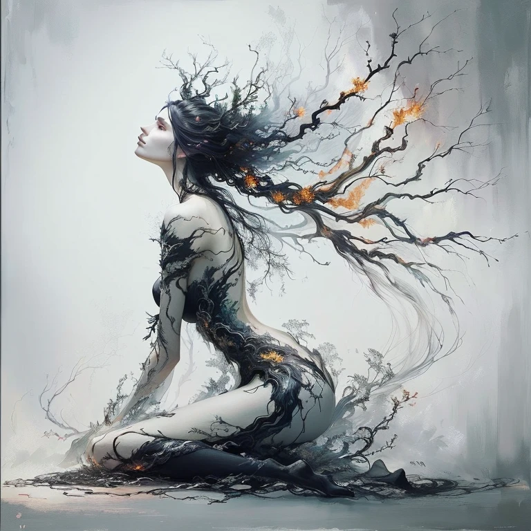 painting of a woman with a tree in her hair, woman made of black flames, stunning art, stunning artwork, hauntingly beautiful art, inspired by Dorothea Tanning, beautiful art, dramatic artwork, powerful painting, gorgeous art, abstract figurative art, amazing art, mandy jurgens art, beautiful artwork, the element woman, eric lacombe, artistic illustration