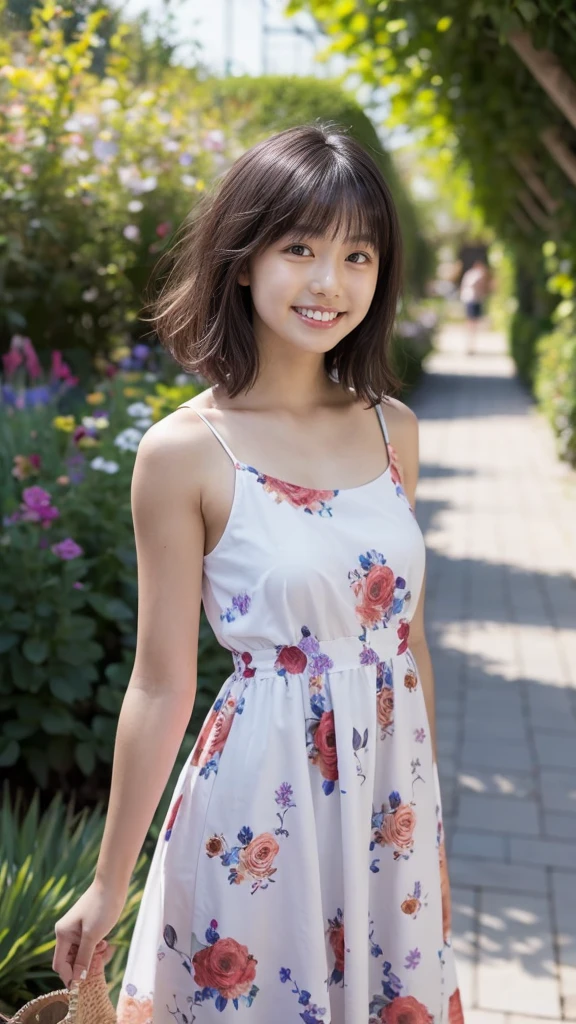 masterpiece, highest quality, disorganized, perfect anatomy, 1 girl, alone, pascal tales, short hair, beautiful, Hilarious, sunny day, botanical garden, Summer winds, sundress, Floral, wavy hair, smile