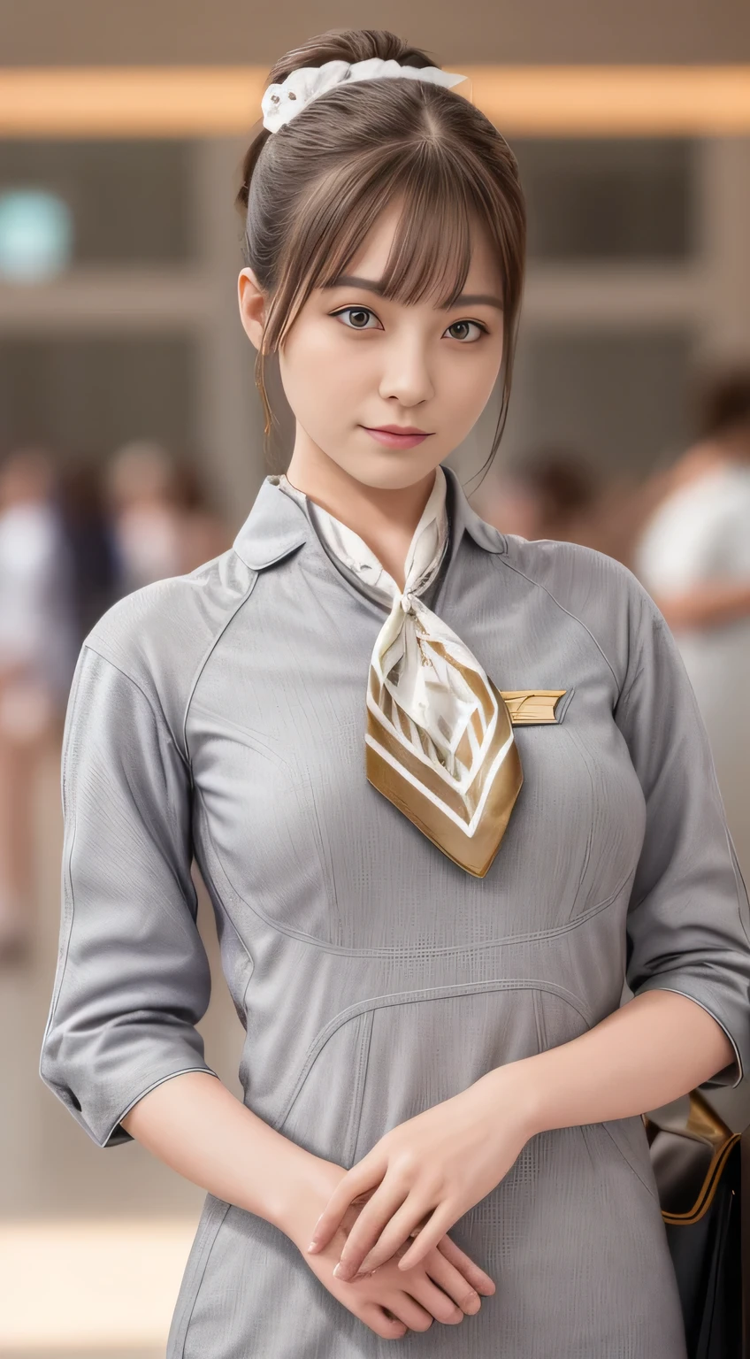 (masterpiece:1.2、highest quality:1.2)、32K HDR、High resolution、(alone、1 girl、Slim figure)、（Realistic style with Starlux Airlines uniform）、 (In the airport lounge, Professional Lighting)、A proper woman, Beautiful Face,、（Starlux Airlines silver uniform:1.4）、（Starlux Airlines silver uniform with short sleeves）、（scarf on chest）、Big Breasts、（Long hair updo、Evening updo）、Dark brown hair、Long Shot、（（Fine hand：2.0））、（（Harmonious body proportions：1.5））、（（Normal limbs：2.0））、（（Normal finger：2.0））、（（Delicate eyes：2.0））、（（Normal eyes：2.0））)、Beautiful standing posture