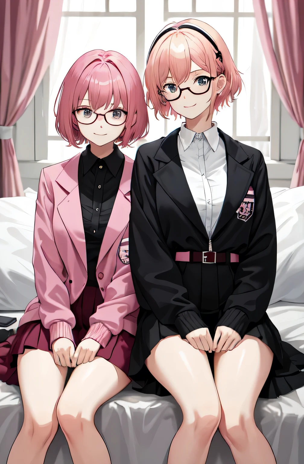 2 girls , sisters , 23 year old beautiful younger sister pink short hair huge breasts wear pink school sport jacket zipped disgusting face wearing glasses sitting on bed, 26 years old beautiful evil smile older sister blonde long hair small breasts ear's pierced cute gothic clothes no glasses , bedroom background ,look at camera , half body , (high resolution) , nsfw ,rise clothes , exciting face ,half body