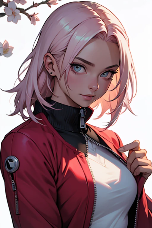 retrato, Sozinho, maduro, Female, feminino, misterioso, Pale skin, sardas, Cabelo longo, cabelo escuro, cabelo castanho, olhos azuis, camiseta, fundo detalhado, Estilo Niji no meio da jornadaobra-prima, Best quality at best, 1 , Sakura Haruno, seios grandes,Traje ombro a ombro,(decote),(close da parte superior do corpo),Criado sexy,Is shy,sorria,com cabelo rosa, cabelo longo e branco, (Olhos verdes:1.4), Forehead protection, as cerejeiras,Flores de cerejeira voando,red clothes zipper