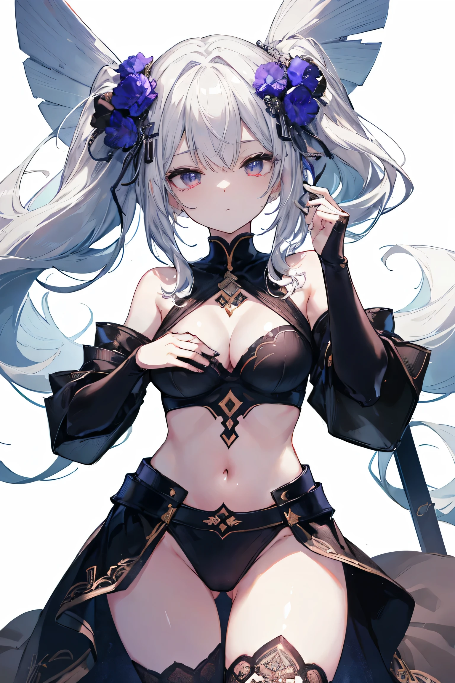 1girl, anime, cute girl, blank background, white background, fantasy, detailed fantasy dress with highlights, beautiful face, beautiful eyes, dark colors, black hair with multicolor streaks, red eye with different color pupil in eye, multicolor eye, medium breasts, slight cleavage, beautiful skin, cute, breast curtains, extremely delicate and beautiful, (beautiful detailed face:1.0), (detailed deep eyes), symmetrical breasts, deep eyes, shiny skin, portrait, slender waist, hips wider than shoulders, thighs, expressionless, young girl, luminous eyes, adorable，（Kpop idol）,（aegyo sal：1），（Platinum blonde hair：1），（（puffy eye）），Black panty，sexy posture，Superskirt, Ultra-high resolution，Black collar，slim figure, Abdominal y tattoo, womb tattoo，Tight-fitting leg ring，y tattoo on half-body，Bare skin, Armored hand，Hidden fingertips，Hand covered，Arm covered，Fist covered,{{beautiful detailed fingers}}, tufts of hair, moderate beautiful breast:1.0,(masterpiece:1.2), best quality, high-res, HDR, perfect face, intricate armor, delicate blue filigree, intricate filigree, red metalic parts, detailed part, dynamic pose, dynamic lights, cute face, neutral expression