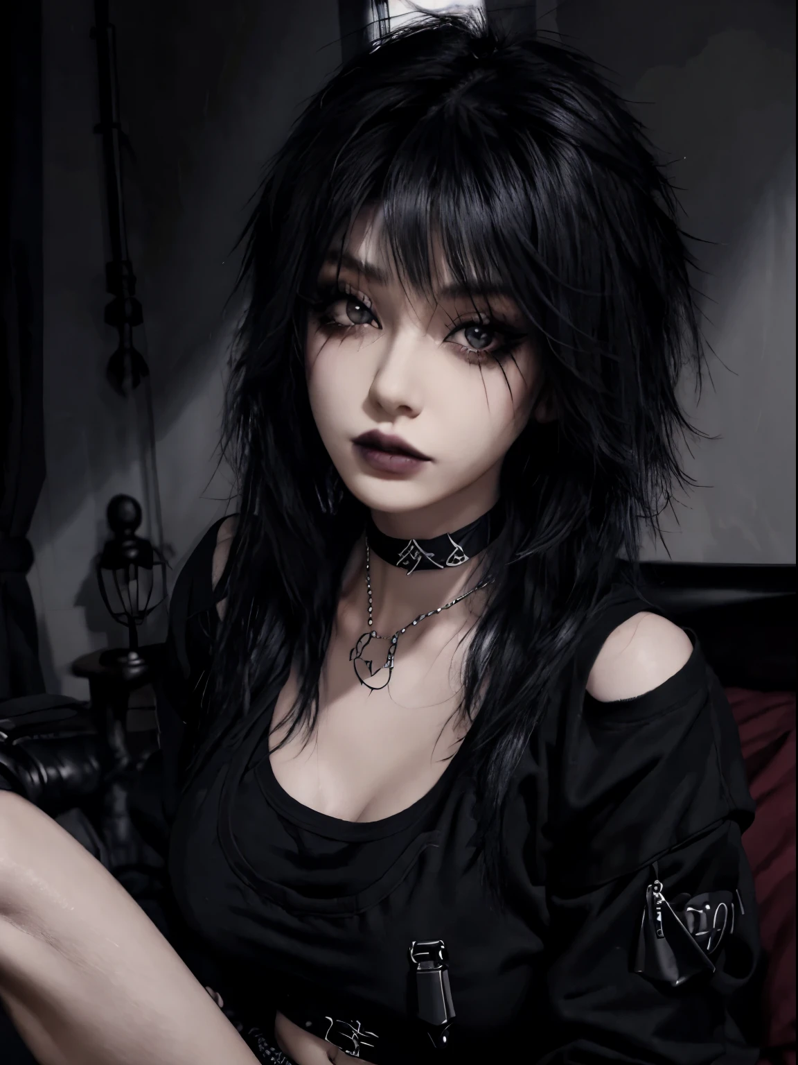 a close up of a person with a creepy look on their face, she has black hair with bangs, 1 7 - **** - *** goth girl, goth girl aesthetic, darkwave goth aesthetic, dark aesthetic, goth aesthetic, gothic horror vibes, 1 7 - **** - *** anime goth girl, pale goth beauty, goth girl, featured on instagram, she has black hair