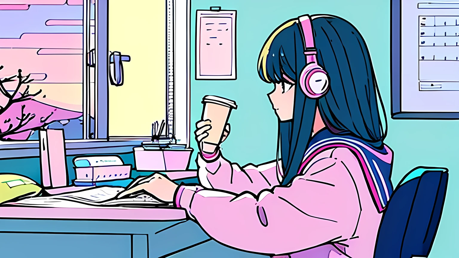 pastel colour、A beautiful girl studying at a desk in her room while listening to music with headphones、Coffee cup、 quiet night,Japanese anime