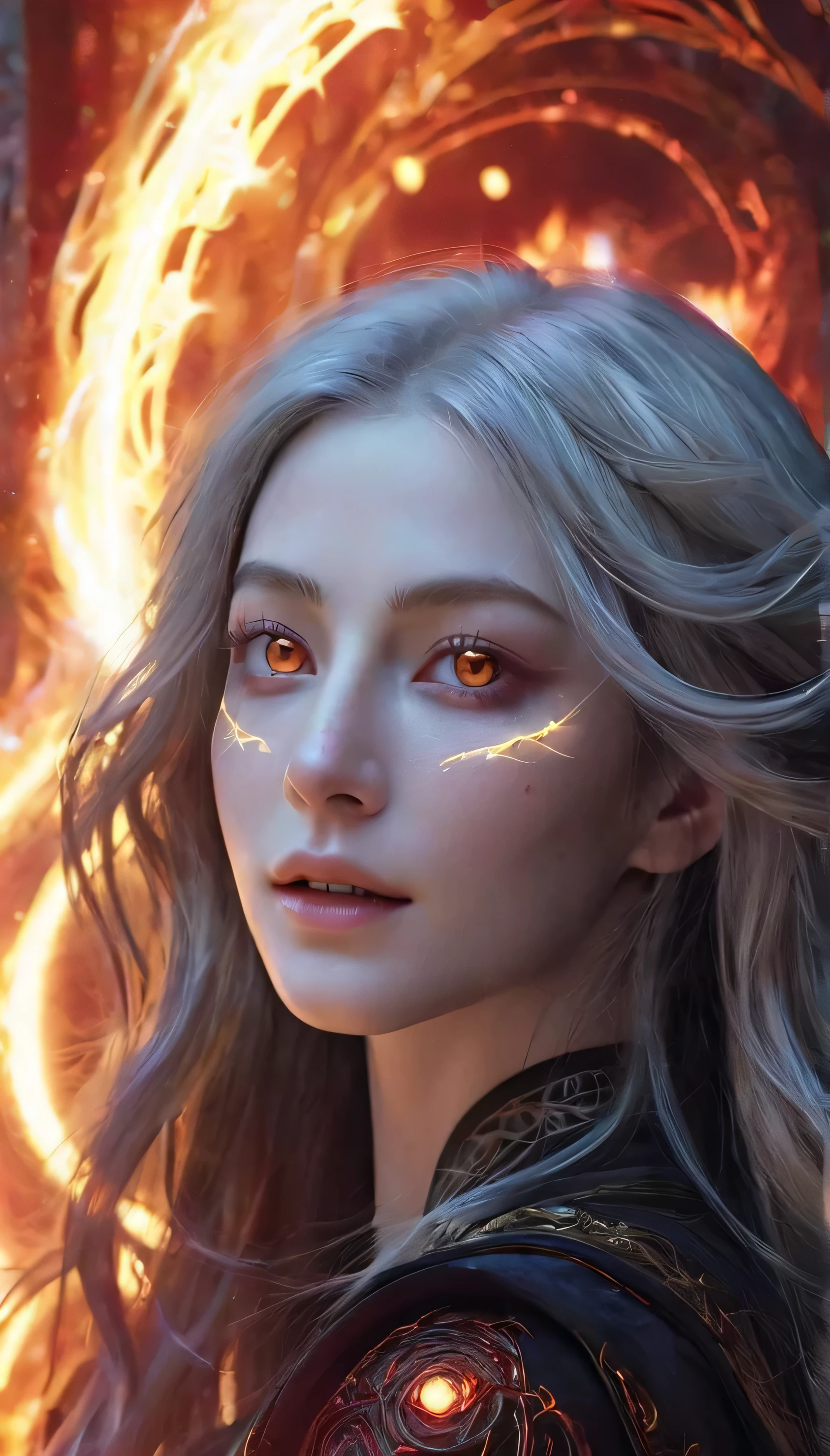 1 girl,adult (elven:0.7) woman,freckles,yellow eyes,gray long hair,
solo,half shot,looking up,detailed background,detailed face,(glowing eyes:1.05),dilated pupils,summoner,unholy,intricate necromancer clothes,amulet,conjuring,movement,evil smile,ritual,pentagram,surrounded by dark  dark magical inscriptions,red swirling summoning energy,(style-swirlmagic:0.7),calling forth evil power,tower background,dark glowing aura,ethereal atmosphere,summoning Phoenix