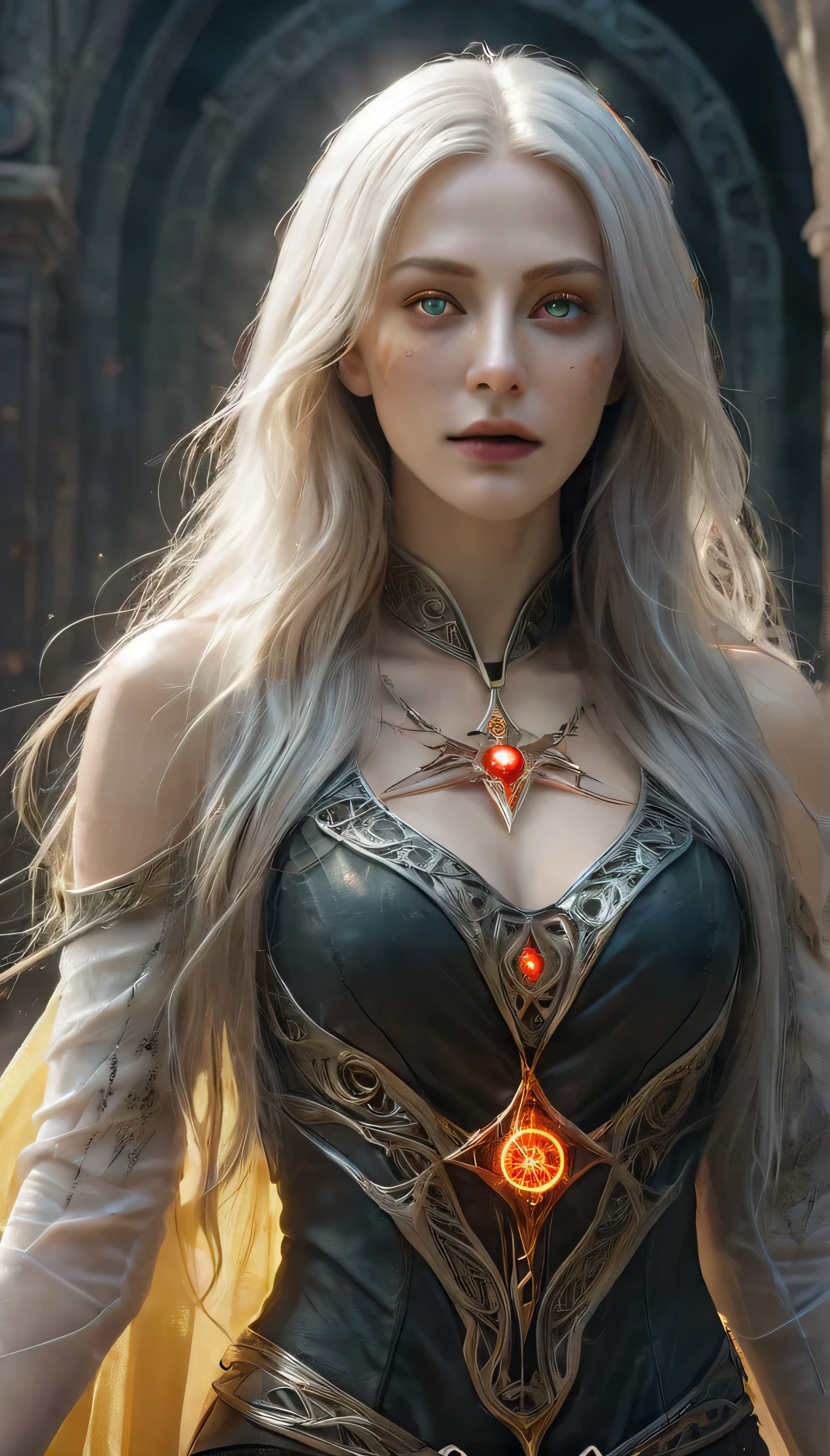 1 girl,adult (elven:0.7) woman,freckles,yellow eyes,gray long hair,
solo,half shot,looking up,detailed background,detailed face,(glowing eyes:1.05),dilated pupils,summoner,unholy,intricate necromancer clothes,amulet,conjuring,movement,evil smile,ritual,pentagram,surrounded by dark  dark magical inscriptions,red swirling summoning energy,(style-swirlmagic:0.7),calling forth evil power,tower background,dark glowing aura,ethereal atmosphere,summoning Phoenix