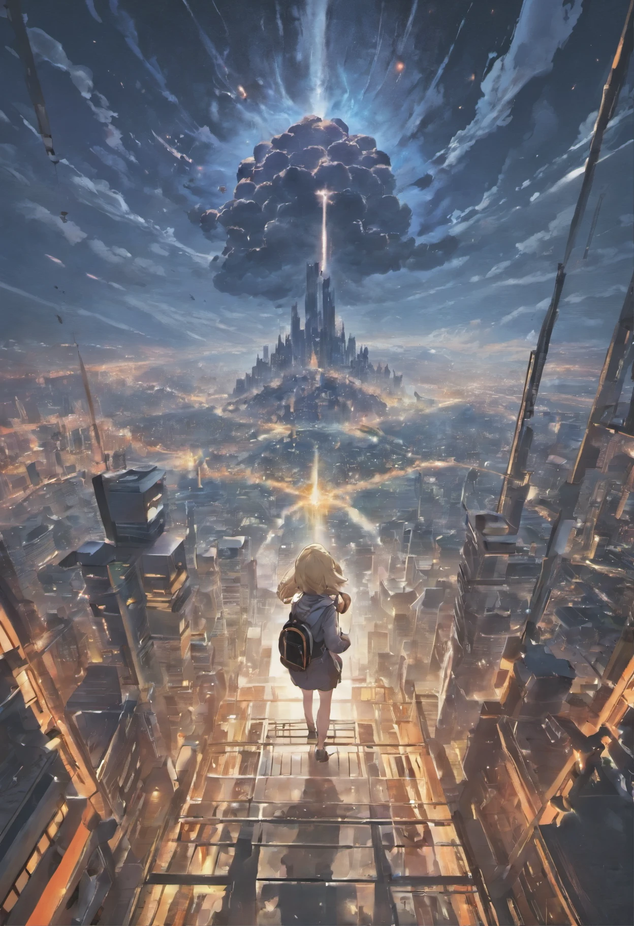 This description depicts a distant atomic explosion over a city, vue depuis une falaise. It creates an impressive cloud of black and grey mushrooms. The scene is breathtaking, with landscapes of striking reality, des textures authentiques, Ultra-high-definition resolution, Stunning photos captured by professional cameras, un rendu octane, volumetric lighting, et elle est le fruit d'artistes mondialement reconnus. These creations are award-winning masterpieces,absence de personnages humains.