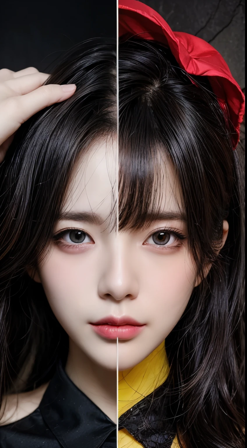 The complete version of human dualism, Half a good person、Half evil man , Double-sided, Two Faces, Smile and anger, Light and dark sides, Pros and Cons, black and white, Yellow and red, Good magic light, Good fantasy, Surrealism