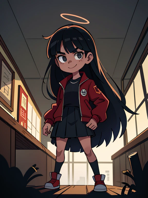 (TEEN), Masterpiece, best quality, ultra detailed, 1 girl, BIG RED jacket, BLACK shirt, pleated skirt, halo, interiors, smile Create shadow-filled, atmospheric panels, with disturbing characters and scenes full of tension and mystery . Use a clever contrast between light and dark to highlight the presence of darkness and supernatural power. Be sure to include action and horror elements, as well as a compelling narrative that will keep you captivated. The art style should reflect the darkness and chaos of the supernatural world, beautiful images by Katsuhiro Otomo, realism and cinematography, 32k UHD.
