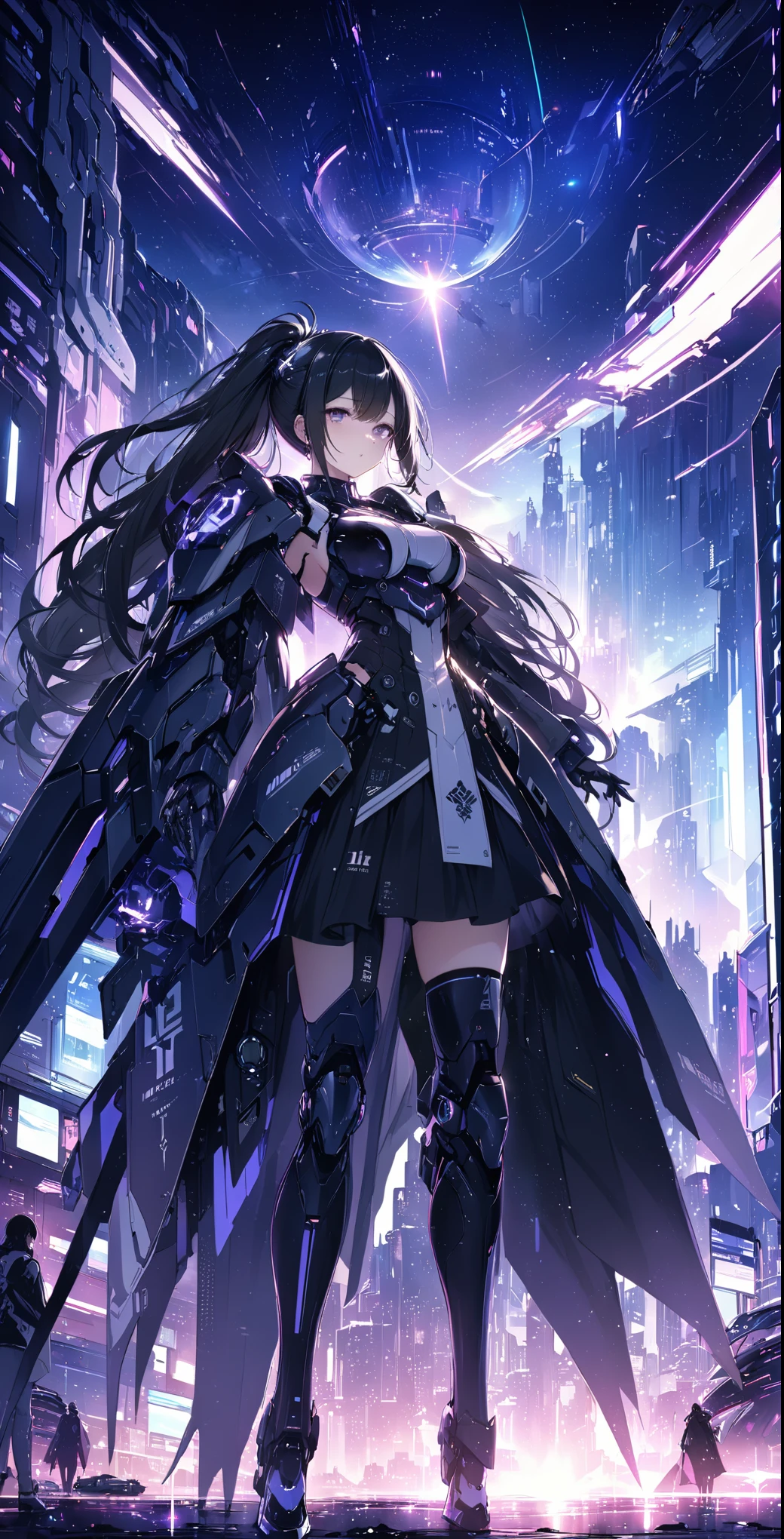 best quality ,masterpiece, number, Very delicate and beautiful, Very detailed ,CG ,Unite ,8k wallpaper, wonderful, Finely, masterpiece,best quality,official art,Very detailed CG Unite 8k wallpaper, incredibly disorganized, Ultra Detailed, high resolution, Very detailed,Beautiful and meticulous girl,The light shines on your face, 1 girl, Mecha, armor, Mechanical_Body, Black Hair, spacecraft, City, Cyberpunk, Star_Invalid,