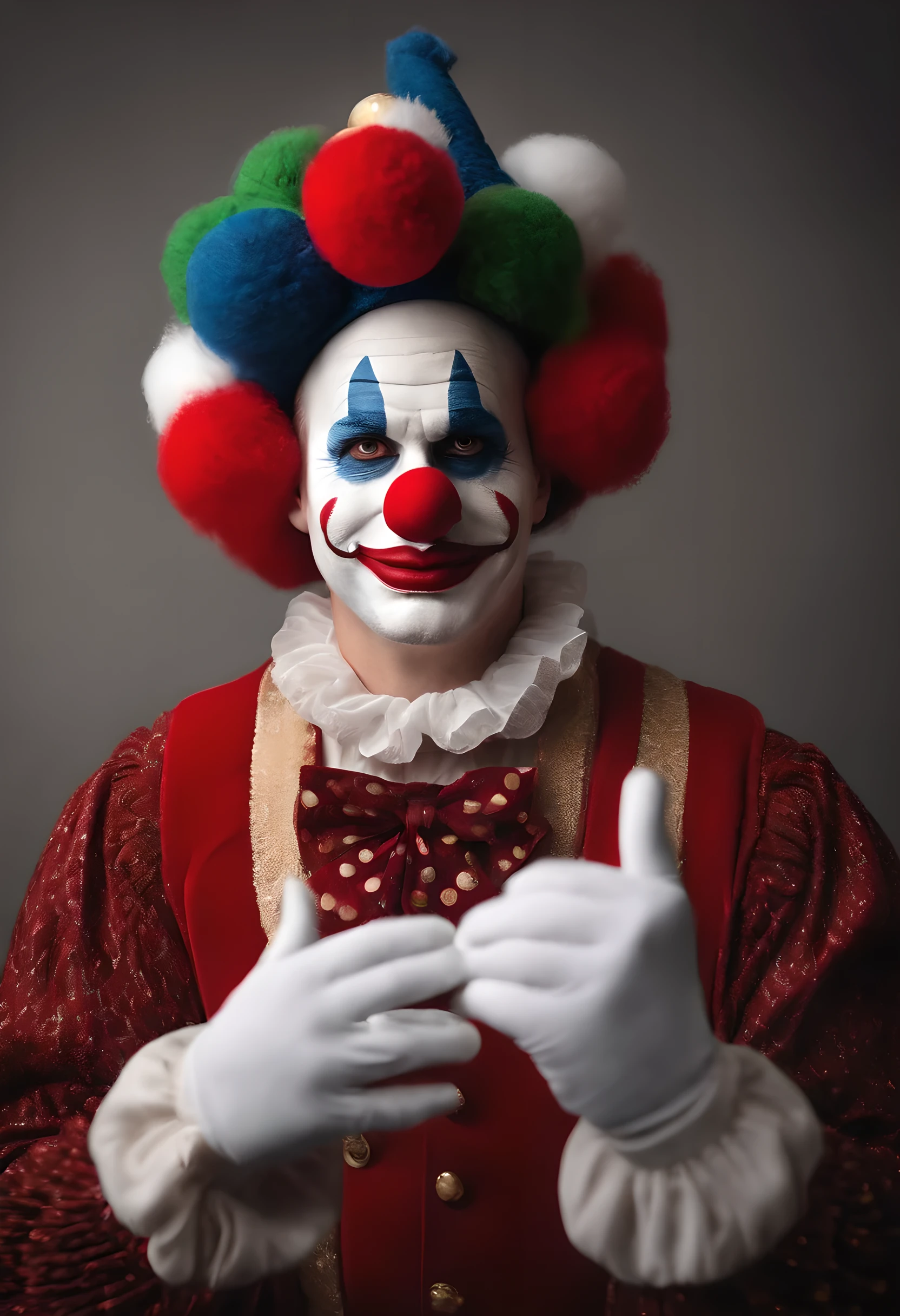Clean background, (white face clown), wearing colorful knitted texture hat, intricate detail hat, ((full body shot)), (realistic style), (face thickly painted white)), red mouth, nose wearing red sponge ball, movie grade light effect, funny action, happy clown, looking at the audience, white gloves, colored magic wand in hand, clown character costume, Red plush shoes with big head, highest quality, master art, masterpiece, (with high artistic viewing), 4K picture quality,