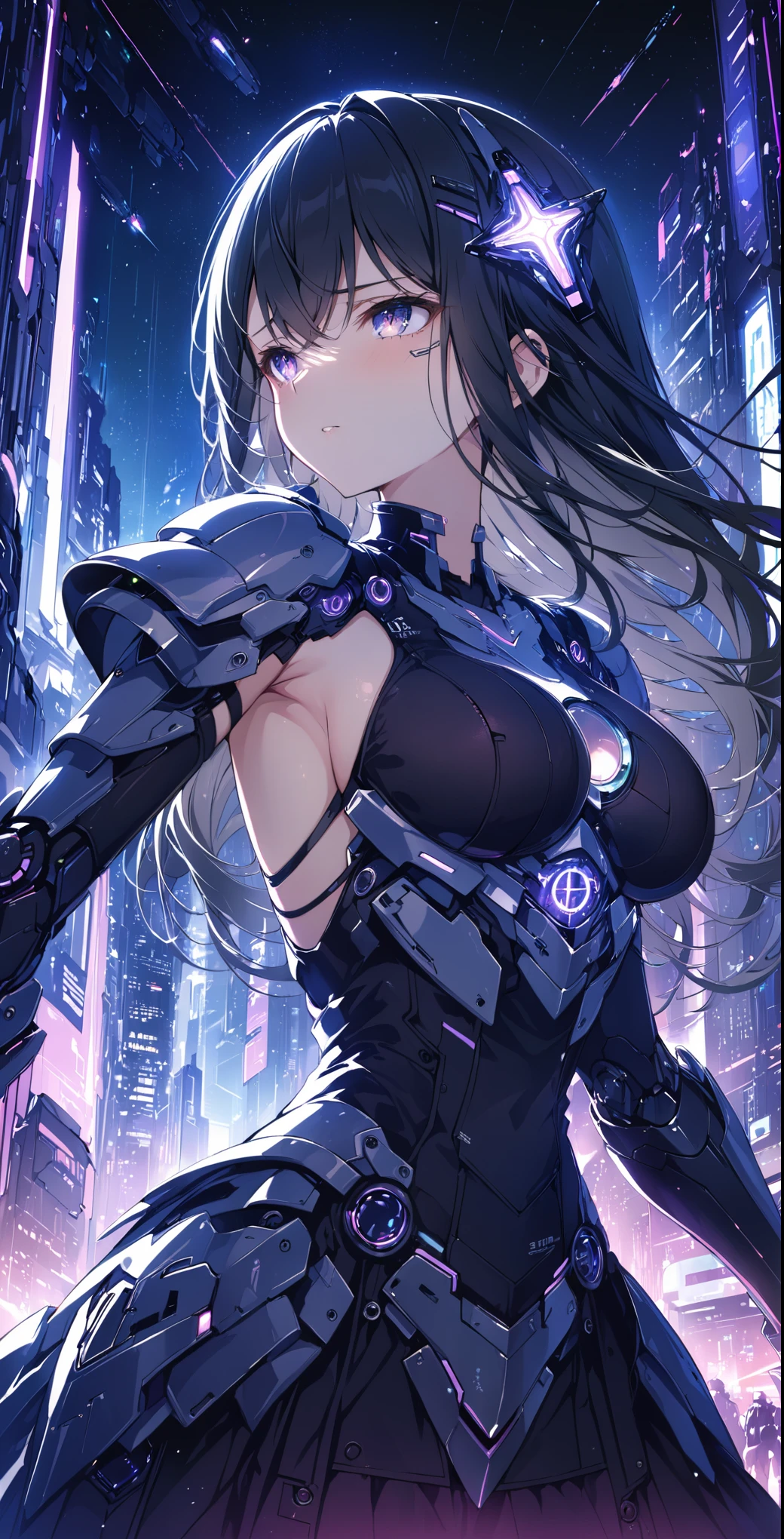 best quality ,masterpiece, number, Very delicate and beautiful, Very detailed ,CG ,Unite ,8k wallpaper, wonderful, Finely, masterpiece,best quality,official art,Very detailed CG Unite 8k wallpaper, incredibly disorganized, Ultra Detailed, high resolution, Very detailed,Beautiful and meticulous girl,The light shines on your face, 1 girl, Mecha, armor, Mechanical_Body, Black Hair, spacecraft, City, Cyberpunk, Star_Invalid,
