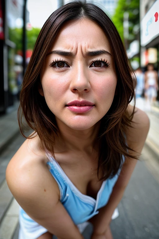 Beautiful Japanese actresses,1 girl,flying debris,,Award-winning photo, Very detailed, Keep your eyes focused, Nose and mouth,Face Focus, Extreme close up of face、 Age 35,Brown Hair、Symmetrical face,Realistic nostrils、Angle from below、Elongated C-shaped nostrils NSFW,(Sharp Nose)Sweaty skin、Shiny skin,(Brow wrinkles))（Cum on tongue)、Deep Kiss、((Thin eyebrows))Oily skin、Glowing Skin、double eyelid、、Beautiful woman、Medium Hair、Shortcuts、Tank top、(((Underarm))),Ska can see the sky、Shibuya Center Street、(((Show your side,throw))),Raise your eyebrows, (((Hold your mouth, Frowning, crazy, Frowning))), Textured skin,Long upper arms,((Cry with your eyes open, blush, Drunk, Frowning, Frowning, The face of endurance))Squat,