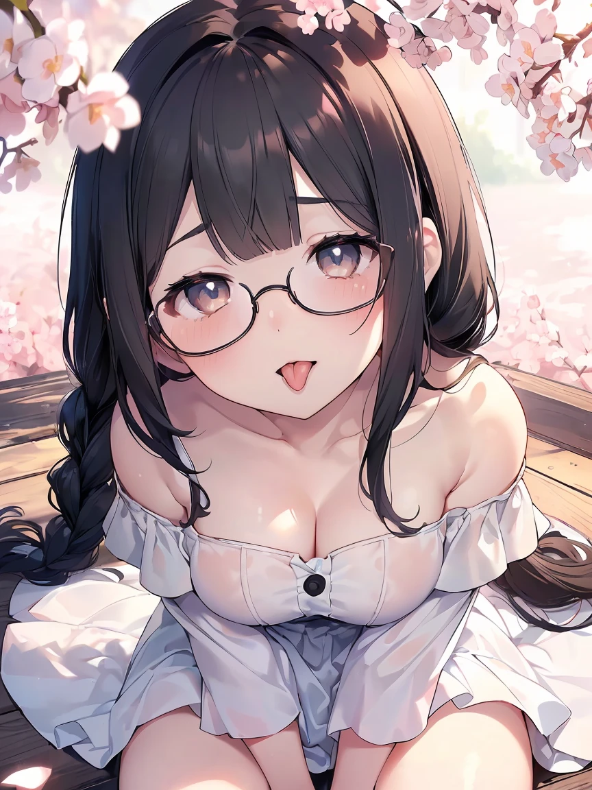 Very detailed, highest quality, High resolution, Moe Anime, ((Cute girl with black hair and droopy eyes)), ((Wearing large round glasses:1.4)), (Baby Face), Cute eyes, Detailed eye depiction, Sparkle in the eyes, View your viewers, Pale skin, (Big eyes:1.4, Droopy eyes:1.4, Fatty face:1.4), smile, Focus on the face, In the park with cherry blossoms falling, Sitting, (Face close-up:1.4), (((From above))), Open your mouth, (((Face only:1.3))), ((White off-the-shoulder dress)), Bright Eyes, Light from the front, (Put your hands between your legs:1.4), ((large and long tongue)), (Extreme close up of tongue:1.2), Cleavage, Braided hairstyle