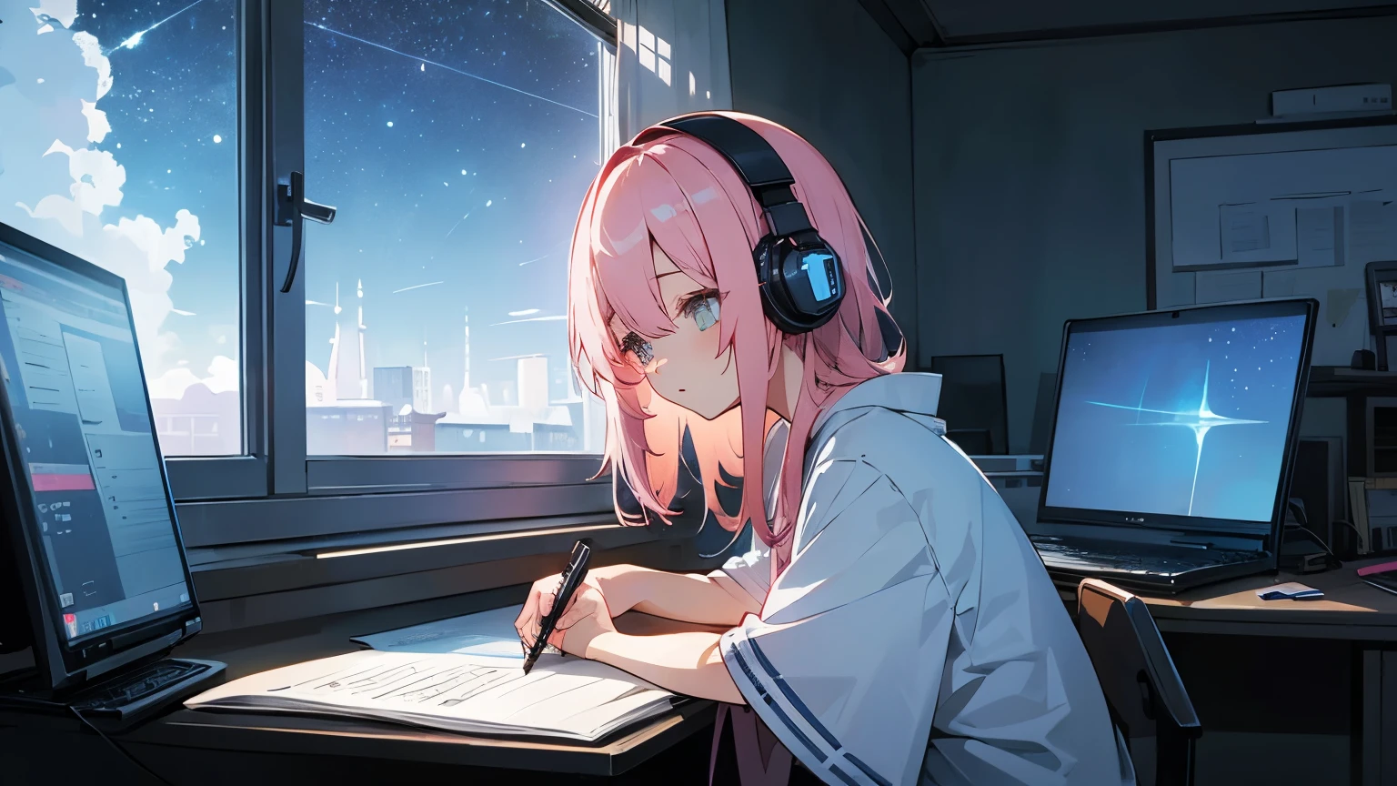 Listening to music with headphones in a girly room、A girl studying。Light pink hair。There is a laptop computer open in front of the desk.、Eyes following the screen。PC１tower。A pen is in hand and writing in a notebook。Notes only。Outside the window, the shadow of a building floats faintly in the starry sky.、Night Scenery。Japanese anime style。
