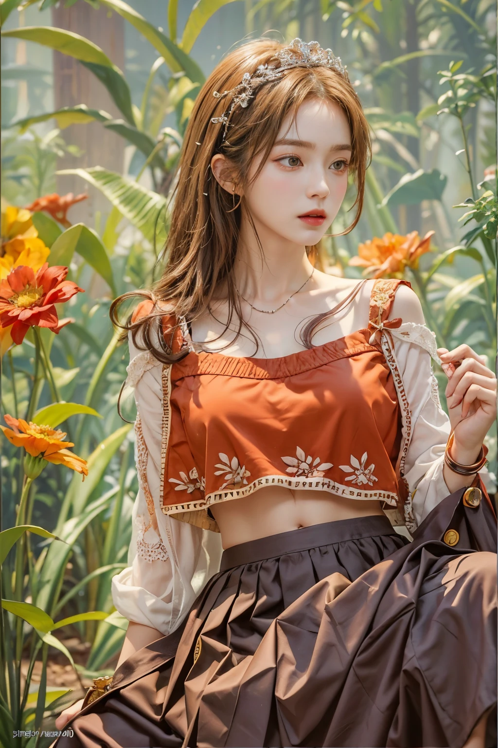 masterpiece, best quality, high quality, high quality, high quality 질감, high quality 섀도우, high detail, beautiful detailed, in detail, Highly detailed CG, detailed texture, a realistic representation of the face, realistic, fancy, feeble, sharp focus, (intricate details, assembly, pure face_V1:0.5), (detailed beautiful feeble face, (detailed beautiful feeble eyes), perfectly proportioned face, high detailed skin, detailed skin, Best Proportion Four Fingers and One Thumb, thin and thin:1.3), 1 woman, , 키가 big, pretty, masterpiece, (long_thin_leg), (upright_leg), (thin_waist), (((fair skin))), White skin, (((pale skin))), (emma_Watson), big_chest, (((Caucasian))), brown hair, orange headband, orange short pleated skirt, ((baggy clothes, big clothes)), ((crop top)), standing leg apart, looking at viewer, whole body, Portrait of cute blonde girl, flower밭에 서서 (((looking far away))), flower, orange fog, work out, Tied hair, realism, high quality 렌더링, amazing art, high quality, film grain, Fujifilm XT3, dreamy,