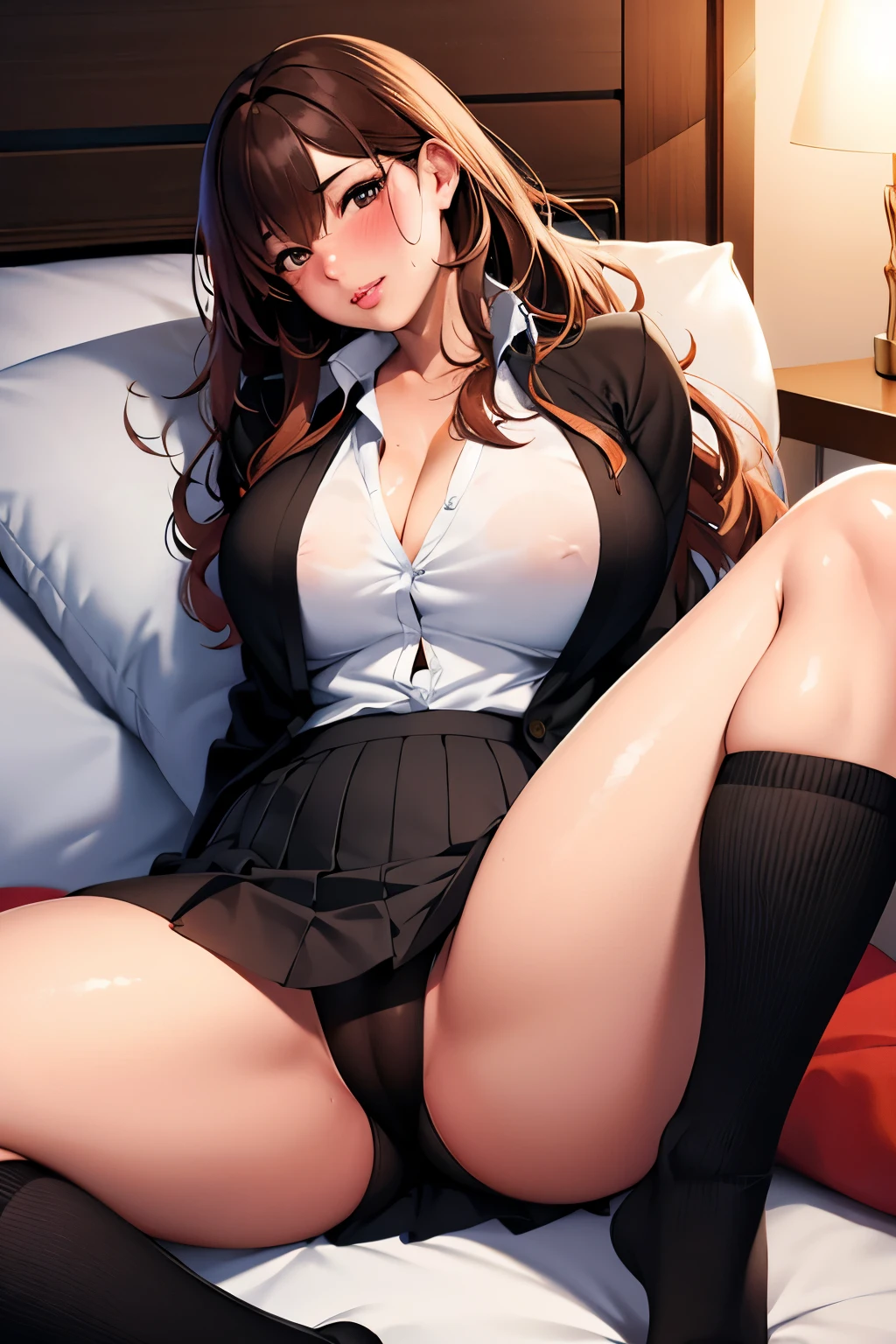 seductive anime girl, [ 4K digital art ]!!,super realistic picture, excessive art, 8K high quality detailed art,curvaceous tanned gal,(we say,thick lips:1.2),dress shirt,cardigan,,Side details,long pleated skirt,Brown socks,brown wavy hair,(sunburned skin:1.3),black skin,loose socks,lying on a hotel bed，blushed，boldly spread your legs，spread your legs wide，spread your legs wide