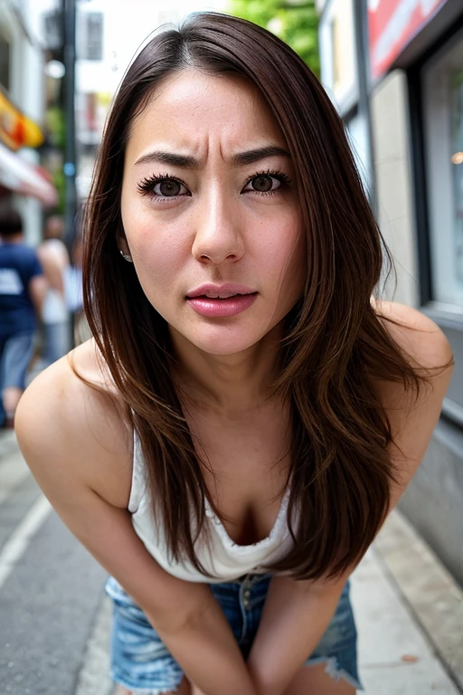 Beautiful Japanese actresses,1 girl,flying debris,,Award-winning photo, Very detailed, Keep your eyes focused, Nose and mouth,Face Focus, Extreme close up of face、 Age 35,Brown Hair、Symmetrical face,Realistic nostrils、Angle from below、Elongated C-shaped nostrils NSFW,(Sharp Nose)Sweaty skin、Shiny skin,(Brow wrinkles))（Cum on tongue)、Deep Kiss、((Thin eyebrows))Oily skin、Glowing Skin、double eyelid、、Beautiful woman、Medium Hair、Shortcuts、Tank top、(((Underarm))),Ska can see the sky、Shibuya Center Street、(((Show your side,throw))),Raise your eyebrows, (((Hold your mouth, Frowning, crazy, Frowning))), Textured skin,Long upper arms,((Cry with your eyes open, blush, Drunk, Frowning, Frowning, The face of endurance))Squat,