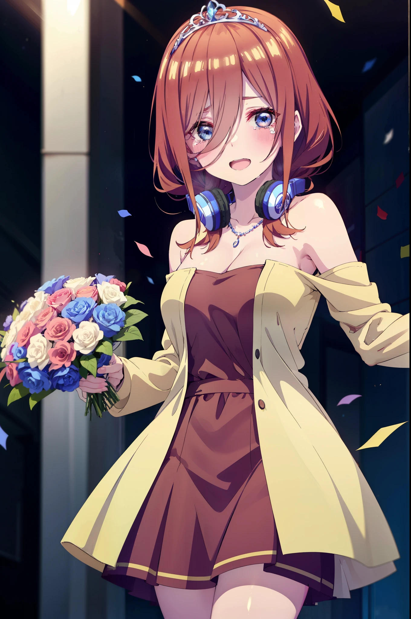 Miku Nakano, Miku Nakano, Long Hair, bangs, Brown Hair, shirt, Hair between the eyes, cardigan, Headphones around neck,tiara,Star Hair Ornament,smile,blush,Red dress,Long skirt,Red Pin Heel,No sleeve,Expose your shoulders,Bare arms,Bare neck,bare clavicle,Heart Necklace,Tears stream down her face,Tears of joy,I cry a lot,holding a large bouquet of flowers in each hand,Confetti,There is a birthday cake on the table,
break indoors, on stage,
break looking at viewer, (Cowboy Shot:1.5),
break (masterpiece:1.2), highest quality, High resolution, unity 8k wallpaper, (shape:0.8), (Beautiful details:1.6), Highly detailed face, Perfect lighting, Highly detailed CG, (Perfect hands, Perfect Anatomy),