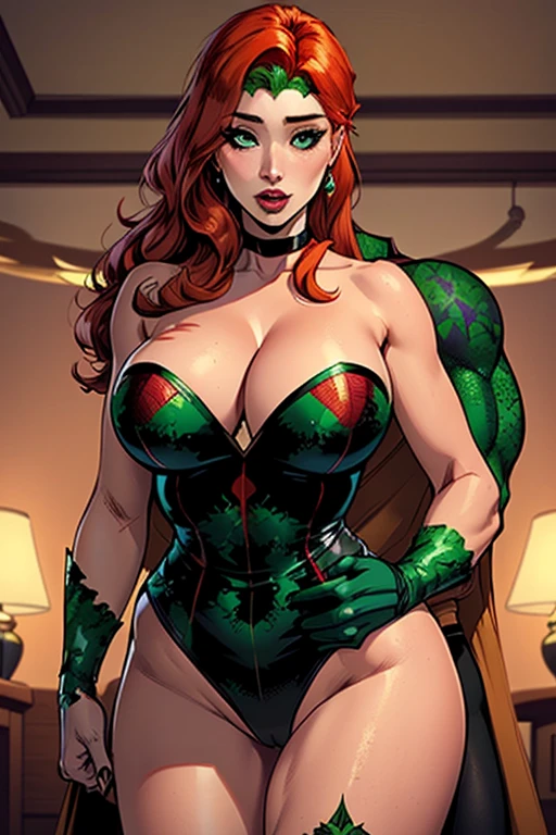 (((Poison Ivy))), (((Superman))), High quality, best quality, masterpiece, (1boy1 1girl), (hetero:1.5), mature woman, curves, long wavy redhead hair, green eyes. cleavage. (((woman wearing strapless black leotard))), woman with ahegao face