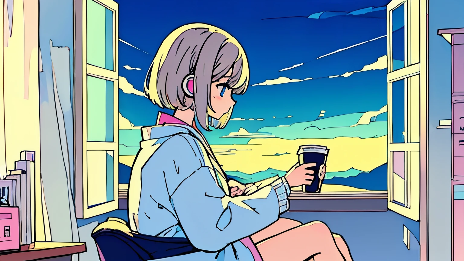 pastel colour、A beautiful girl studying at a desk in her room while listening to music with headphones、radio、Coffee cup、 quiet night,Japanese anime