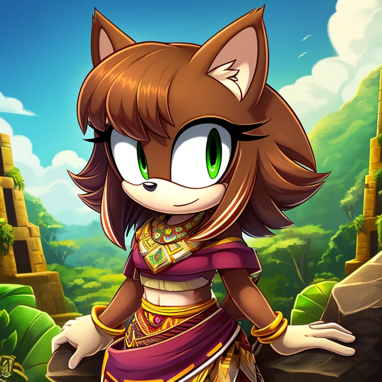 sonic (series), 1girl, anthro panther girl, female mobian, mobian, blunt bangs, short hair, green eyes, (brown fur:1.3), aztec clothes, aztec skirt, jungle biome, aztec piramid, outline, Intricate Details, Masterpiece, Best Quality, High Quality, Studio Quality, Best Detail, Perfect Detail, Refine Detail.