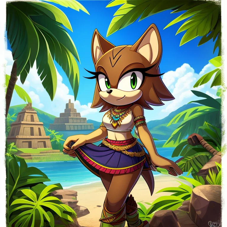 sonic (series), 1girl, anthro panther girl, female mobian, mobian, blunt bangs, short hair, green eyes, (brown fur:1.3), aztec clothes, aztec skirt, jungle biome, aztec piramid, outline, Intricate Details, Masterpiece, Best Quality, High Quality, Studio Quality, Best Detail, Perfect Detail, Refine Detail.