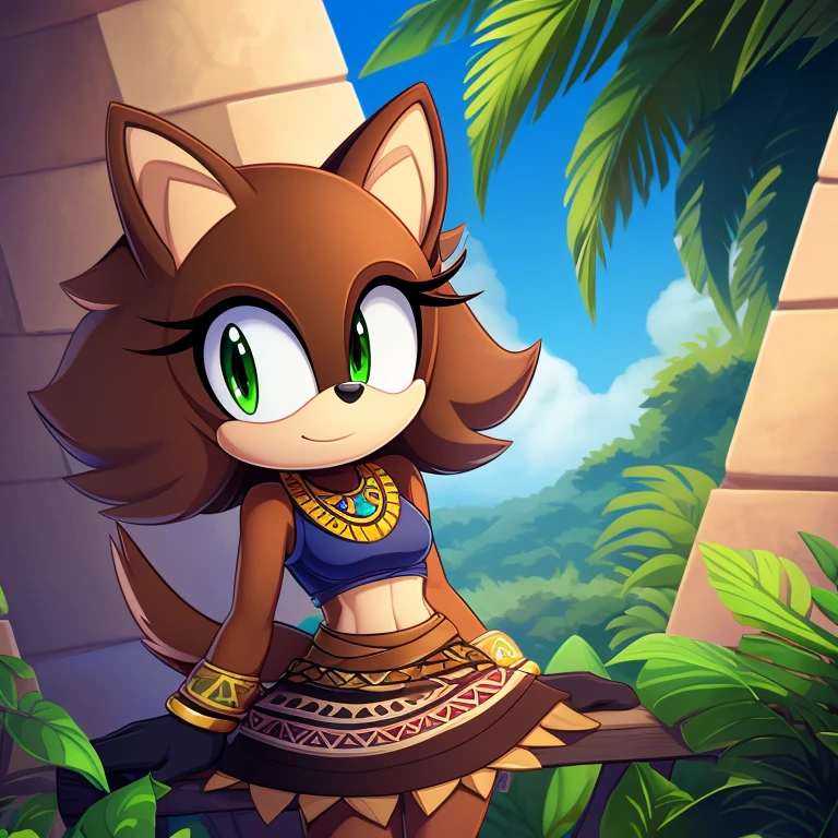 sonic (series), 1girl, anthro panther girl, female mobian, mobian, blunt bangs, short hair, green eyes, (brown fur:1.3), aztec clothes, aztec skirt, jungle biome, aztec piramid, outline, Intricate Details, Masterpiece, Best Quality, High Quality, Studio Quality, Best Detail, Perfect Detail, Refine Detail.