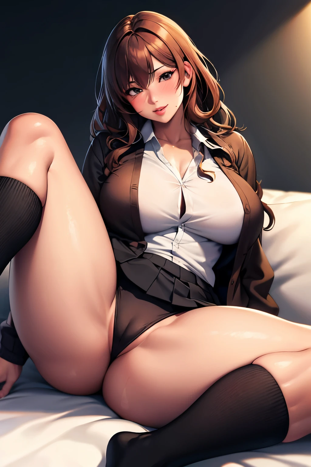 seductive anime girl, [ 4K digital art ]!!,super realistic picture, excessive art, 8K high quality detailed art,curvaceous tanned gal,(we say,thick lips:1.2),dress shirt,cardigan,,Side details,long pleated skirt,Brown socks,brown wavy hair,(sunburned skin:1.3),black skin,loose socks,lying on a hotel bed，blushed，boldly spread your legs，spread your legs wide，spread your legs wide