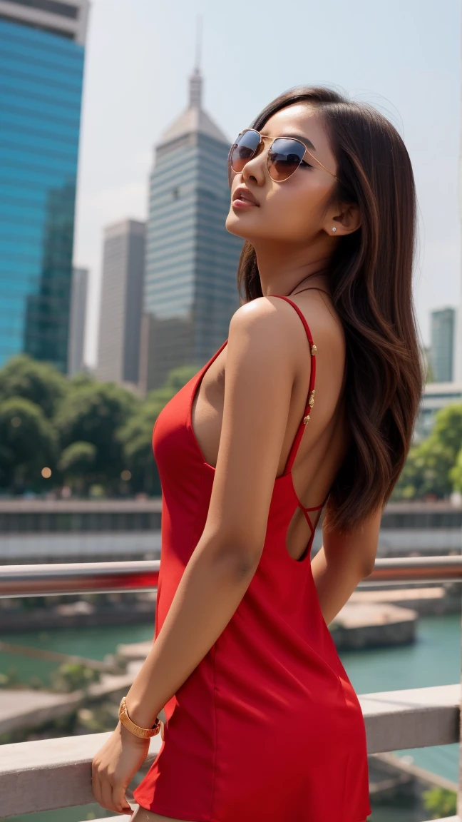 Upper body, gorgeous, cute face, indonesian 25 Yo top model girl in red backless mini dress, top angle shoot, Rayban Aviator sun glasses, city, bokeh background