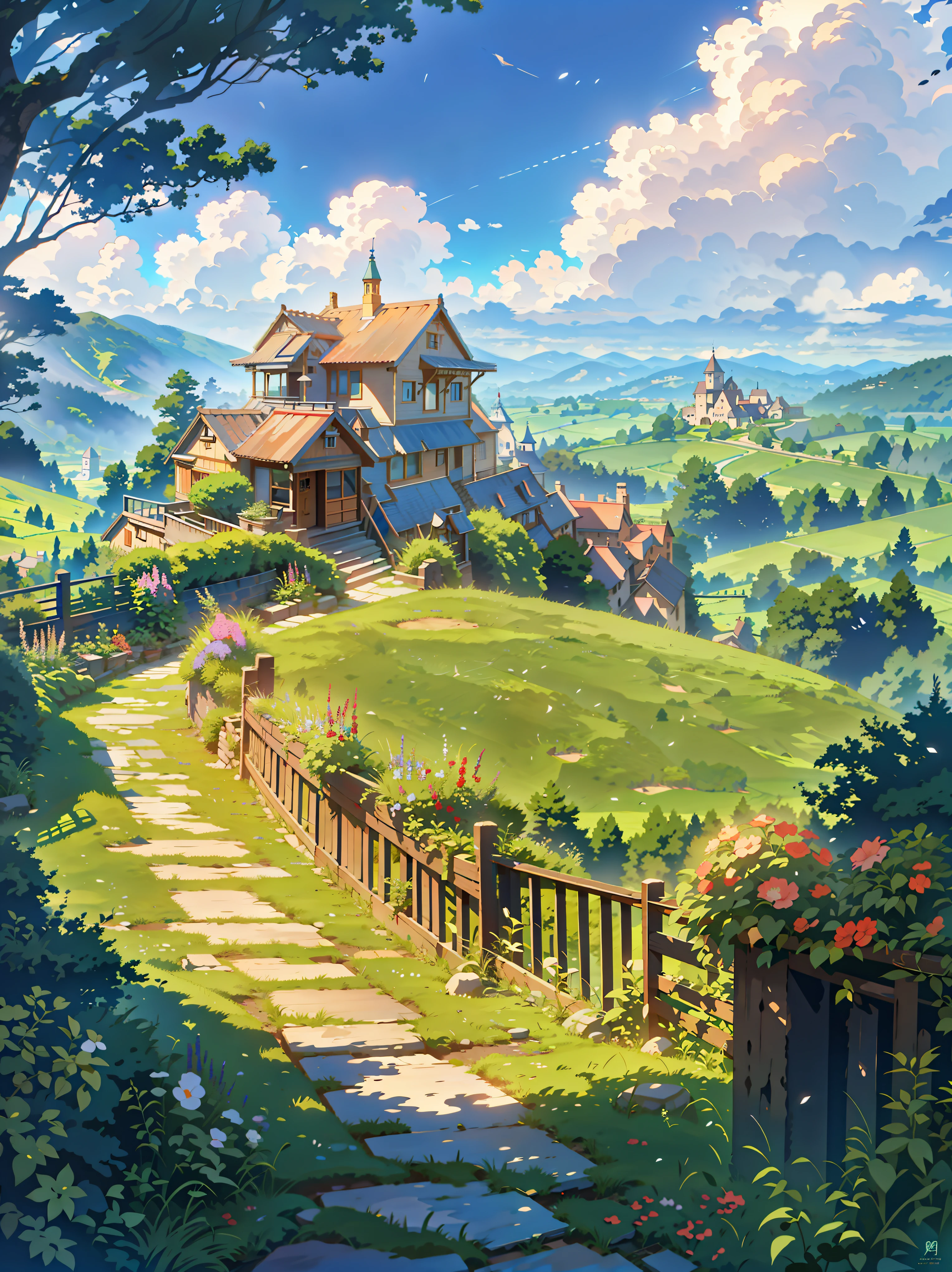 a painting of a small village on a hill, anime landscape, anime countryside landscape, flowers, stairs, fence, ghibli studio art, anime scenery, anime scenery concept art, studio ghibli environment, anime landscape wallpaper, ghibli studio anime style, studio ghibli film, alena aenami and artgerm, magical castle school on a hill, anime. by makoto shinkai, ghibli artstyle, 4k professional painting, game, detailed key anime art, illustation, a beautiful artwork illustration, beautiful digital painting, highly detailed digital painting, beautiful digital artwork, detailed painting 4 k, very detailed digital painting, rich picturesque colors, gorgeous digital painting