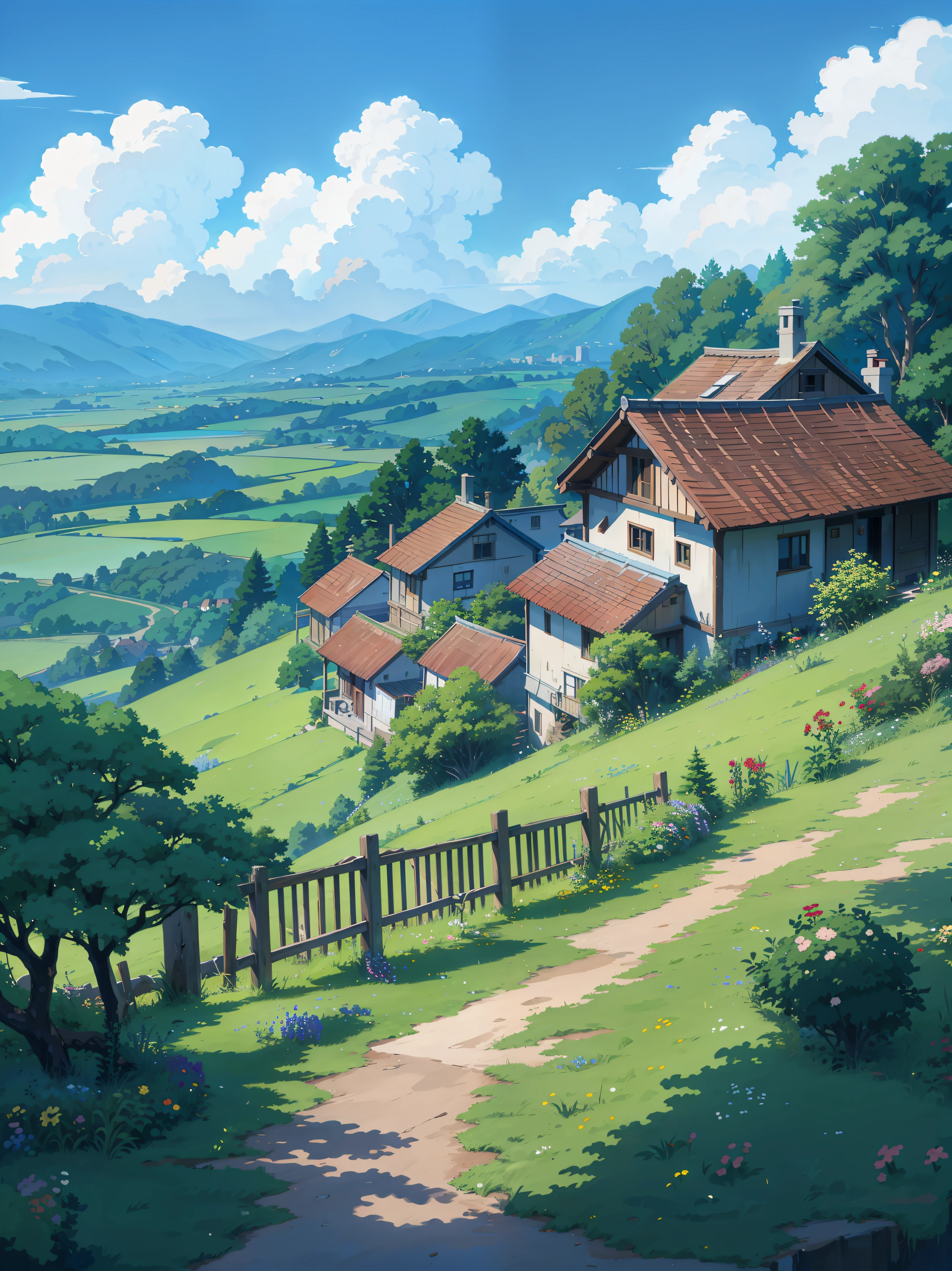a painting of a small village on a hill, anime landscape, anime countryside landscape, flowers, stairs, fence, ghibli studio art, anime scenery, anime scenery concept art, studio ghibli environment, anime landscape wallpaper, ghibli studio anime style, studio ghibli film, alena aenami and artgerm, magical castle school on a hill, anime. by makoto shinkai, ghibli artstyle, 4k professional painting, game, detailed key anime art, illustation, a beautiful artwork illustration, beautiful digital painting, highly detailed digital painting, beautiful digital artwork, detailed painting 4 k, very detailed digital painting, rich picturesque colors, gorgeous digital painting