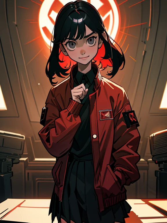 (TEEN), Masterpiece, best quality, ultra detailed, 1 girl, BIG RED jacket, BLACK shirt, pleated skirt, halo, interiors, smile Create shadow-filled, atmospheric panels, with disturbing characters and scenes full of tension and mystery . Use a clever contrast between light and dark to highlight the presence of darkness and supernatural power. Be sure to include action and horror elements, as well as a compelling narrative that will keep you captivated. The art style should reflect the darkness and chaos of the supernatural world, beautiful images by Katsuhiro Otomo, realism and cinematography, 32k UHD.
