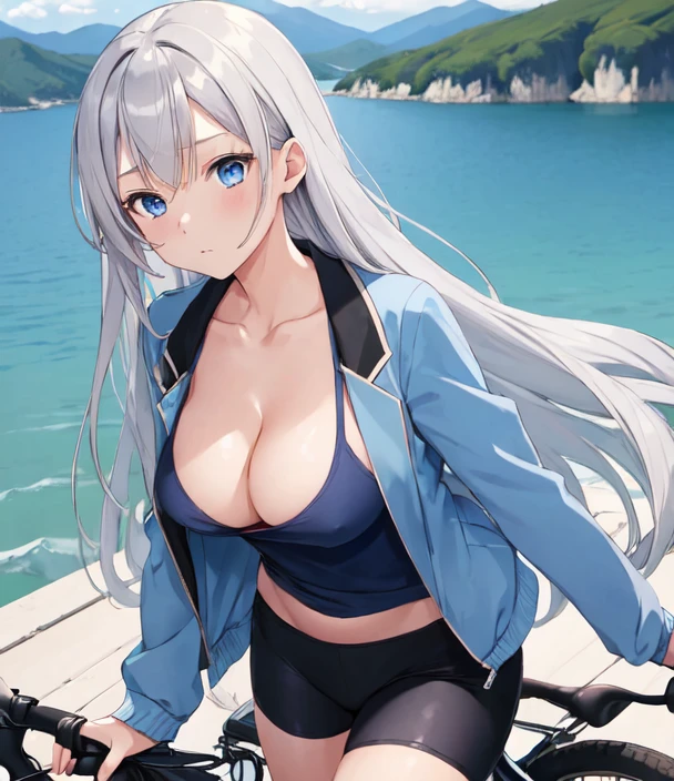 (((masterpiece))), ShizukaMikazuki, One Girl, alone, View your audience, Long Hair, Gray Hair, Long sleeve, Cleavage, Large Breasts, Close your mouth, clavicle, Jacket, Open clothes, open Jacket, blue Jacket,open white shirt,Black shorts, Play sports often, bicycle,blue eyes,Road with a lake view