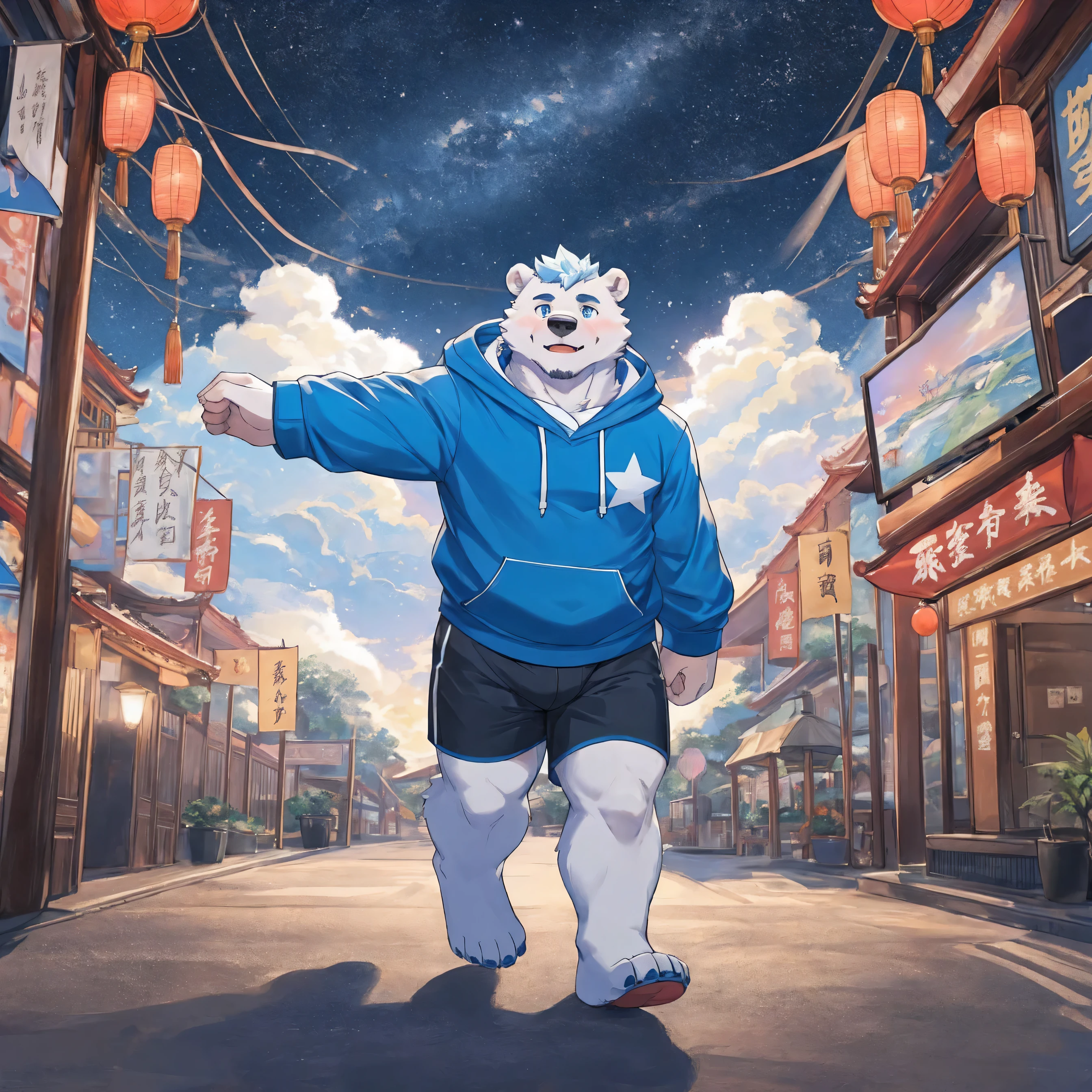 masterpiece, best quality, 8k resolution, Very detailed, hairy，Polar Bear，Lovely，White fur，Chubby，male，，Detailed facial depiction，Highest quality scene，whole body，male。Blue Hair，juvenile，Dynamic，walk，Blue Eyes，star，Variety，Record the show，Love Variety，Hoodie，Short sleeve，shorts，Dating Show，On TV，Chinese，Solitary