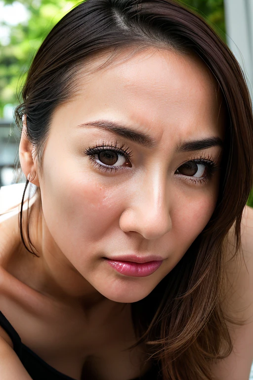 Beautiful Japanese actresses,1 girl,flying debris,,Award-winning photo, Very detailed, Keep your eyes focused, Nose and mouth,Face Focus, Extreme close up of face、 Age 35,Brown Hair、Symmetrical face,Realistic nostrils、Angle from below、Elongated C-shaped nostrils NSFW,(Sharp Nose)Sweaty skin、Shiny skin,(Brow wrinkles))（Cum on tongue)、Deep Kiss、((Thin eyebrows))Oily skin、Glowing Skin、double eyelid、、Beautiful woman、Medium Hair、Shortcuts、Tank top、(((Underarm))),Ska can see the sky、Shibuya Center Street、(((Show your side,throw))),Raise your eyebrows, (((Hold your mouth, Frowning, crazy, Frowning))), Textured skin,Long upper arms,((Cry with your eyes open, blush, Drunk, Frowning, Frowning, The face of endurance))Squat,
