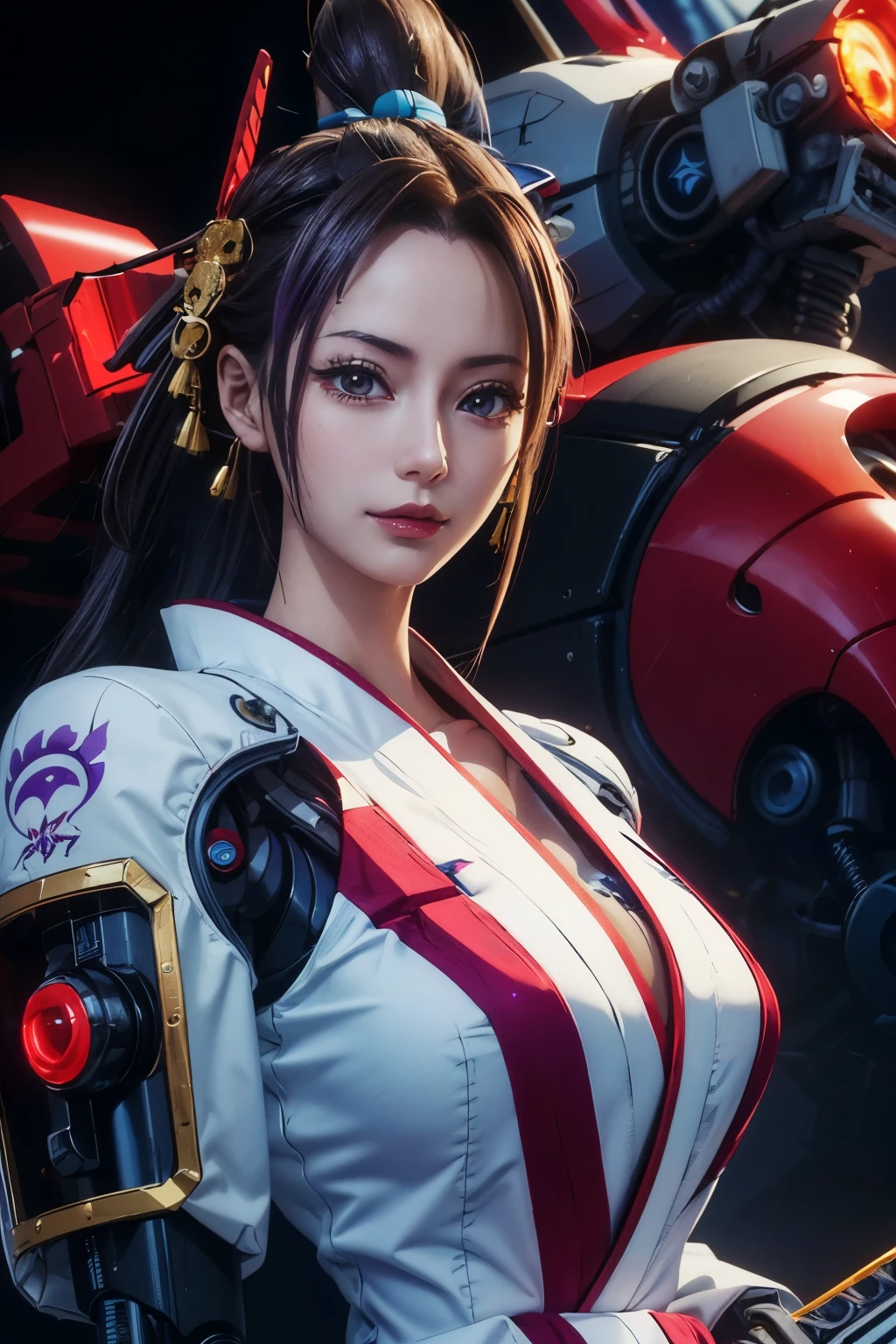 ((best quality)), ((masterpiece)), (detailed), perfect face
girl 1、(high smile:1.2),highest quality、master piece、A high resolution、Arad woman in a futuristic suit with blue mechanical wings and sword, Beautiful woman wearing reblue mechanical cyber armour, cyberpunk anime girl mecha, Anime robot and organic mixed, mechanized red Valkyrie girl, perfect anime cyborg woman, cute cyborg girl, female mecha, A simple futuristic cyborg, beautiful girl cyborg, beautiful robot character design,((Ultra realistic details)), Realistic character art rendering 8K, anime robot、(red glowing eyes)、have a sword、((Mai Shiranui:1.6))、high ponytail