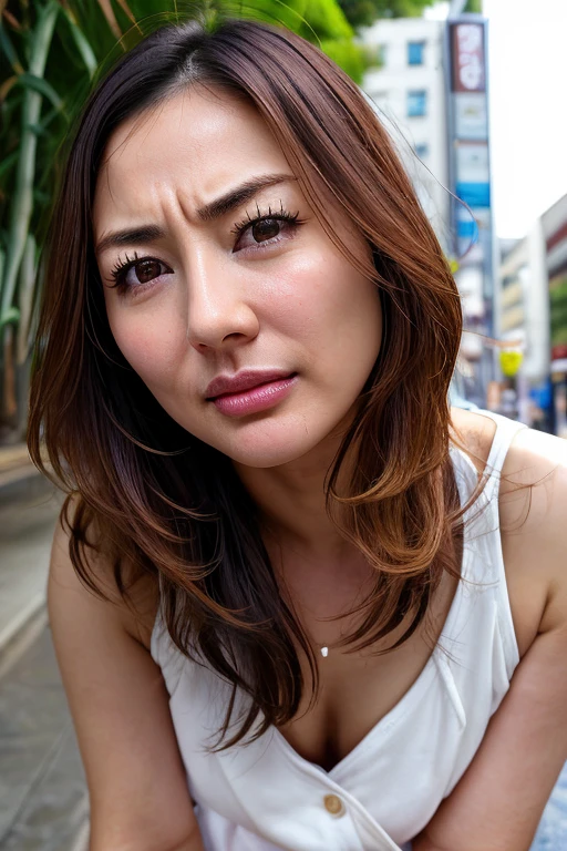 Beautiful Japanese actresses,1 girl,flying debris,,Award-winning photo, Very detailed, Keep your eyes focused, Nose and mouth,Face Focus, Extreme close up of face、 Age 35,Brown Hair、Symmetrical face,Realistic nostrils、Angle from below、Elongated C-shaped nostrils NSFW,(Sharp Nose)Sweaty skin、Shiny skin,(Brow wrinkles))（Cum on tongue)、Deep Kiss、((Thin eyebrows))Oily skin、Glowing Skin、double eyelid、、Beautiful woman、Medium Hair、Shortcuts、Tank top、(((Underarm))),Ska can see the sky、Shibuya Center Street、(((Show your side,throw))),Raise your eyebrows, (((Hold your mouth, Frowning, crazy, Frowning))), Textured skin,Long upper arms,((Cry with your eyes open, blush, Drunk, Frowning, Frowning, The face of endurance))Squat,