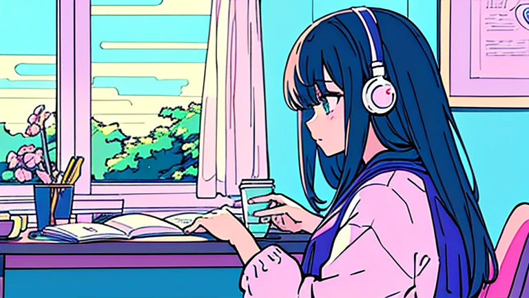 pastel colour、A beautiful girl studying at a desk in her room while listening to music with headphones、Coffee cup、 quiet night,Japanese anime