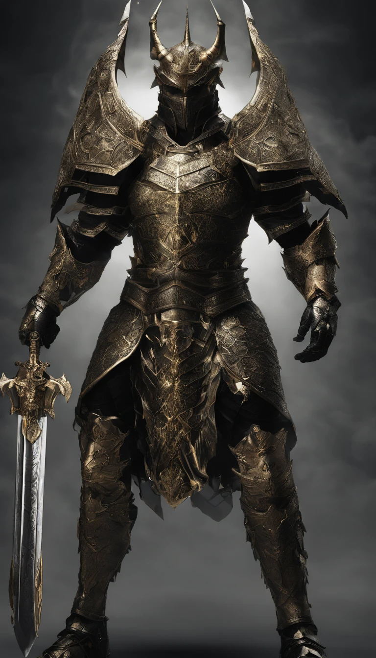 warrior, concept-art, author:Kishiganku, Fantasy art, battleground background, magic aura, magic spell, magic fire, magic heal, mana, clean render, a horned, Wear a suit of armor, Detailed bushido form smoke, helmet of a forgotten deity, character is standing, 8k Realistic, in game render, detailed face background detail, Art station front page, taur, Pseudo-medieval fantasy, A deity wearing koi armor, detailed bronze armor, Bronze armor, golden etched armor, gold obsidian armor, Light gold armor, Gorgeous filigree armor, A demonic warrior, Gorgeous armor full of thorns, Intricate assasin armor, Intricate metal armor, powerful warrior, Dressed in gorgeous gold armor,Decorated with intricate patterns, The helmet has a large crown and two horns,Glowing red eyes, Everything is in the dark, The smoky background hints at battle scenes, Add an ominous aura to his character,submission, Full body shot.