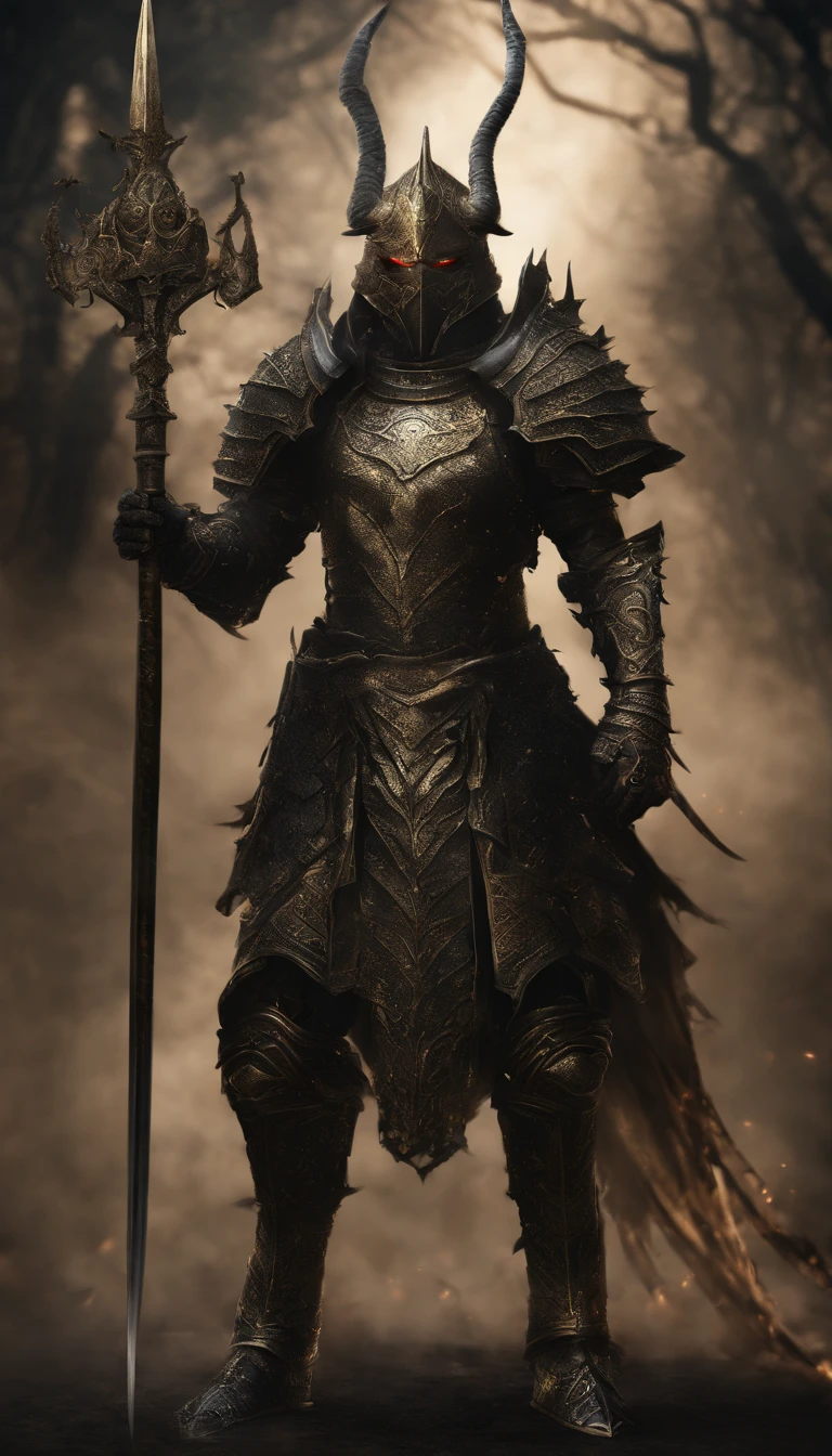 warrior, concept-art, author:Kishiganku, Fantasy art, battleground background, magic aura, magic spell, magic fire, magic heal, mana, clean render, a horned, Wear a suit of armor, Detailed bushido form smoke, helmet of a forgotten deity, character is standing, 8k Realistic, in game render, detailed face background detail, Art station front page, taur, Pseudo-medieval fantasy, A deity wearing koi armor, detailed bronze armor, Bronze armor, golden etched armor, gold obsidian armor, Light gold armor, Gorgeous filigree armor, A demonic warrior, Gorgeous armor full of thorns, Intricate assasin armor, Intricate metal armor, powerful warrior, Dressed in gorgeous gold armor,Decorated with intricate patterns, The helmet has a large crown and two horns,Glowing red eyes, Everything is in the dark, The smoky background hints at battle scenes, Add an ominous aura to his character,submission, Full body shot.