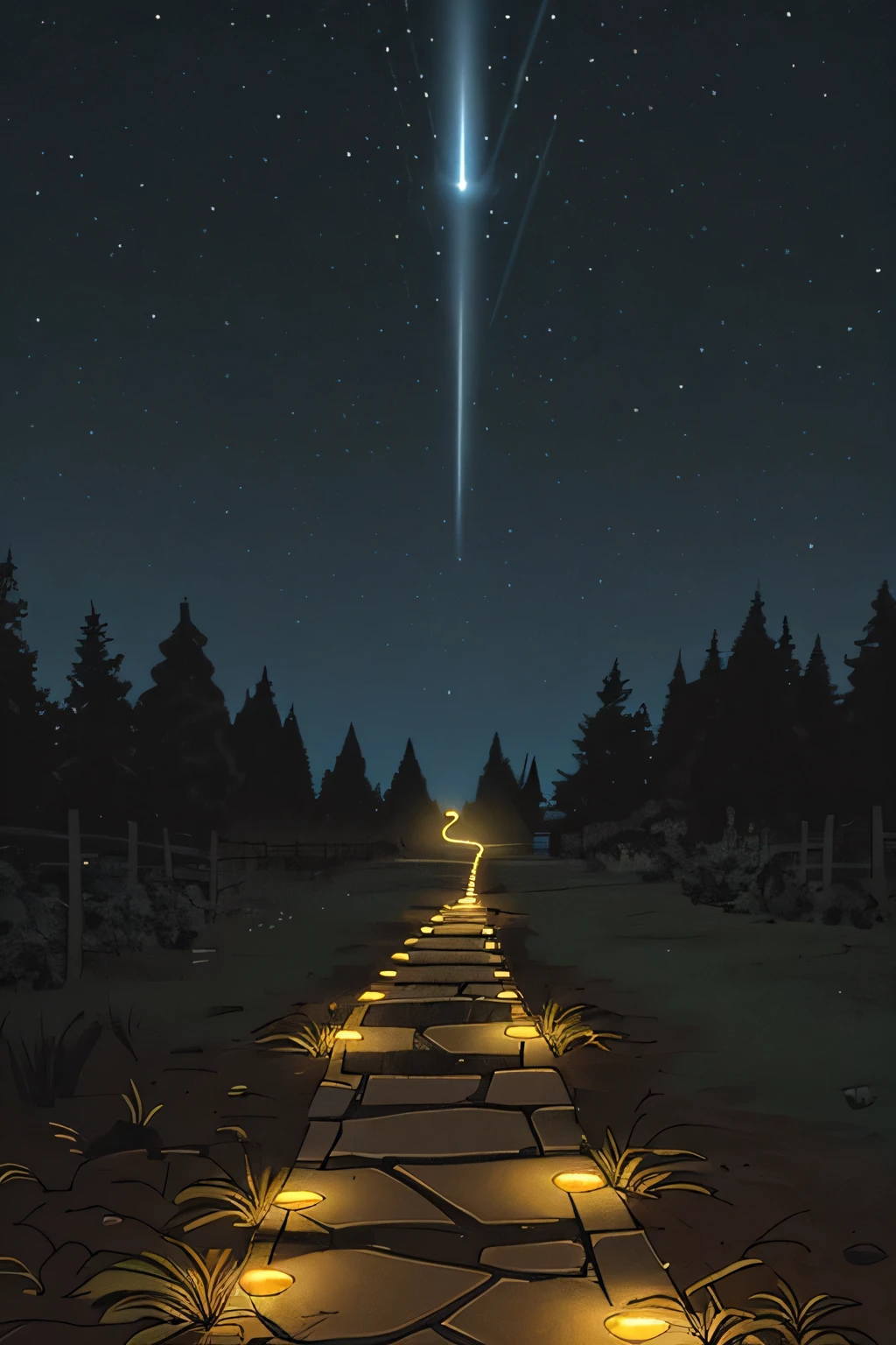 A path being illuminated by a light from the sky, no one in the way